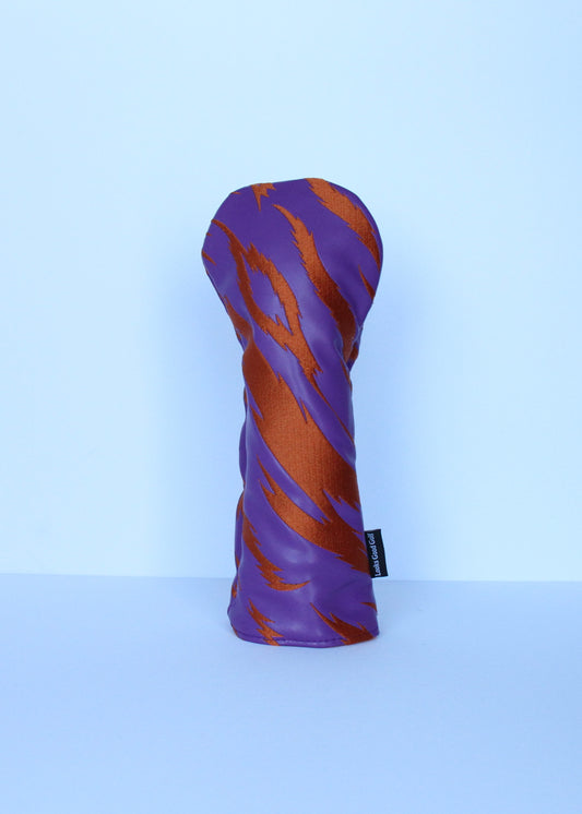 Purple and orange tiger stripe golf fairway wood headcover front view by Looks Good Golf