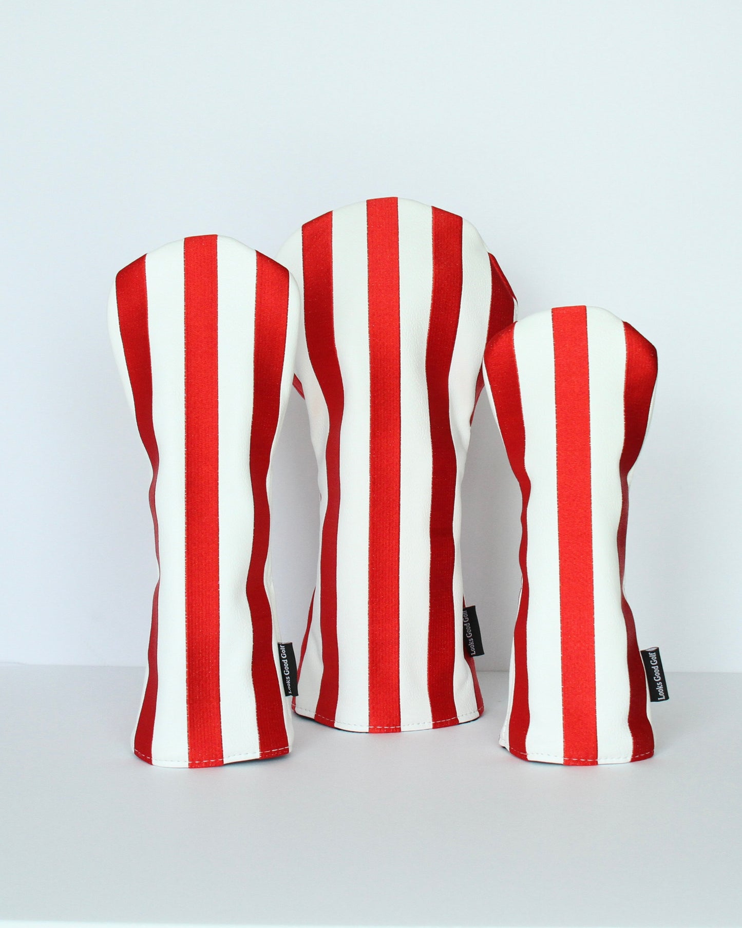 Crimson and white striped golf headcover set – driver, fairway wood, hybrid side view by Looks Good Golf