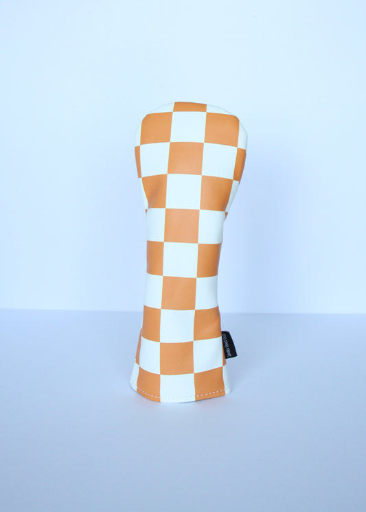 Orange and white checkerboard fairway wood headcover by Looks Good Golf