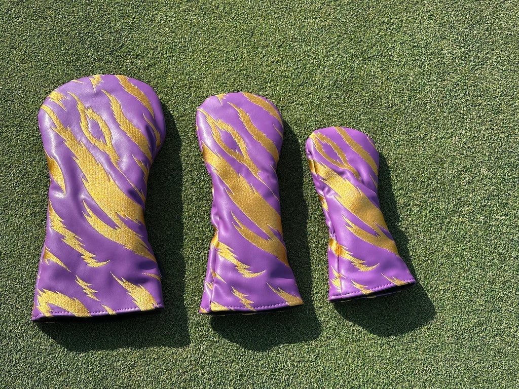 Purple and Gold Embroidered Tiger Stripe Headcovers - Driver, Fairway Wood, Hybrid