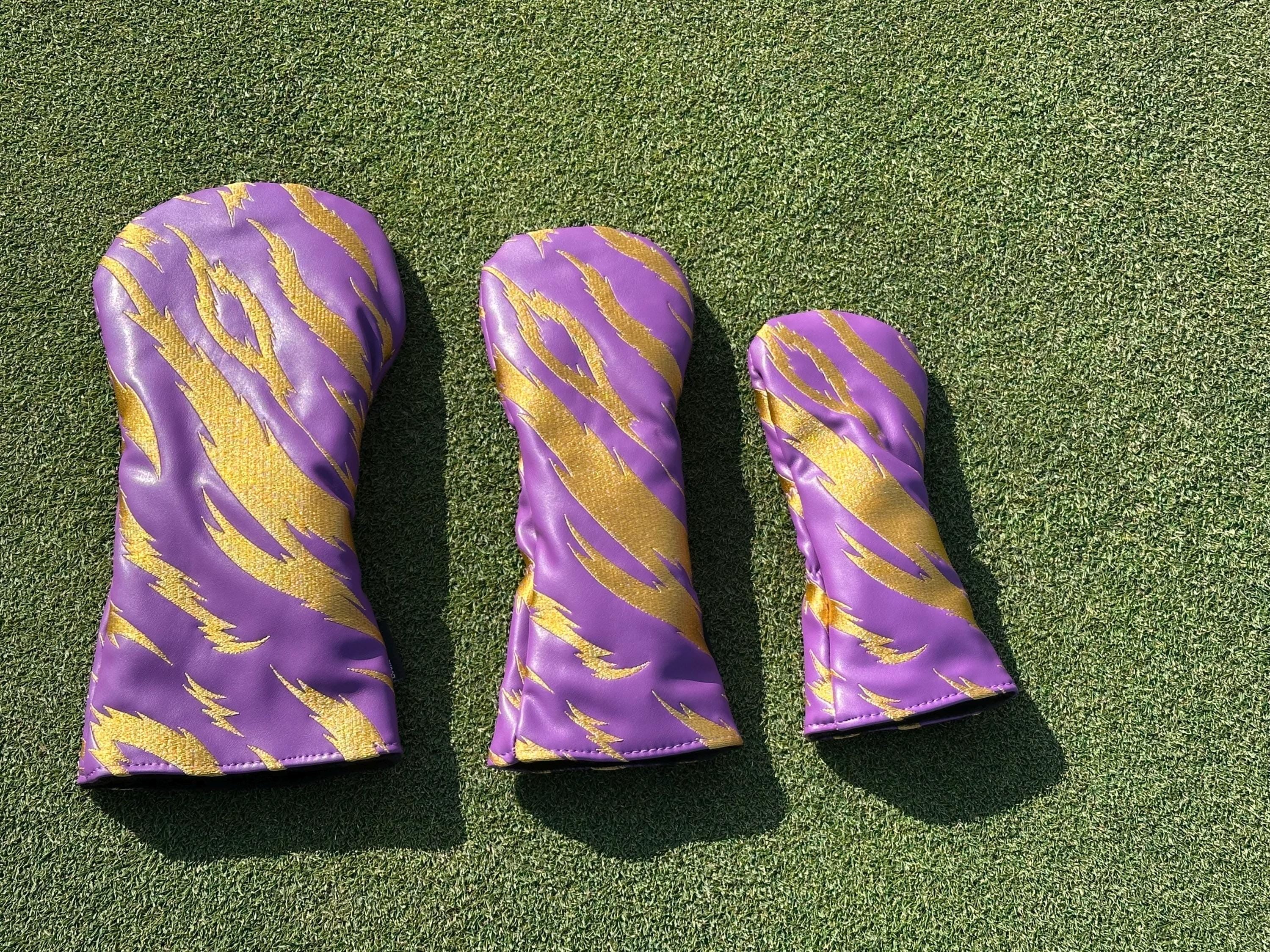 Purple and Gold Embroidered Tiger Stripe Headcovers - Driver, Fairway Wood, Hybrid