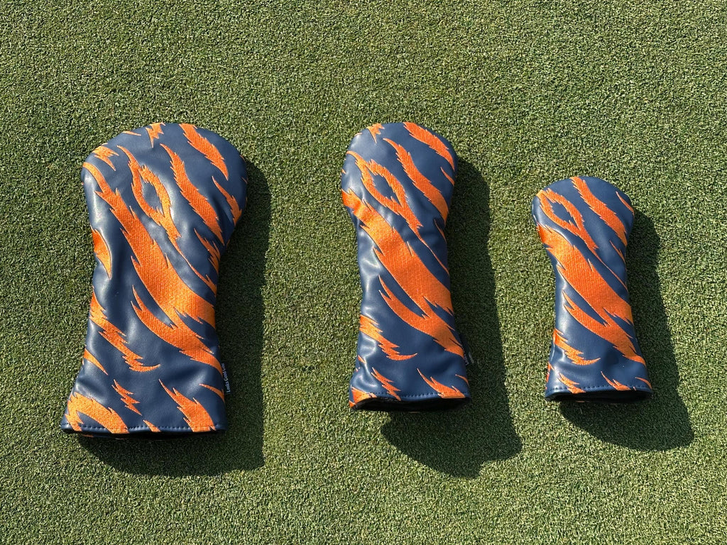 Navy and Orange Embroidered Tiger Stripe Headcovers - Driver, Fairway Wood, Hybrid