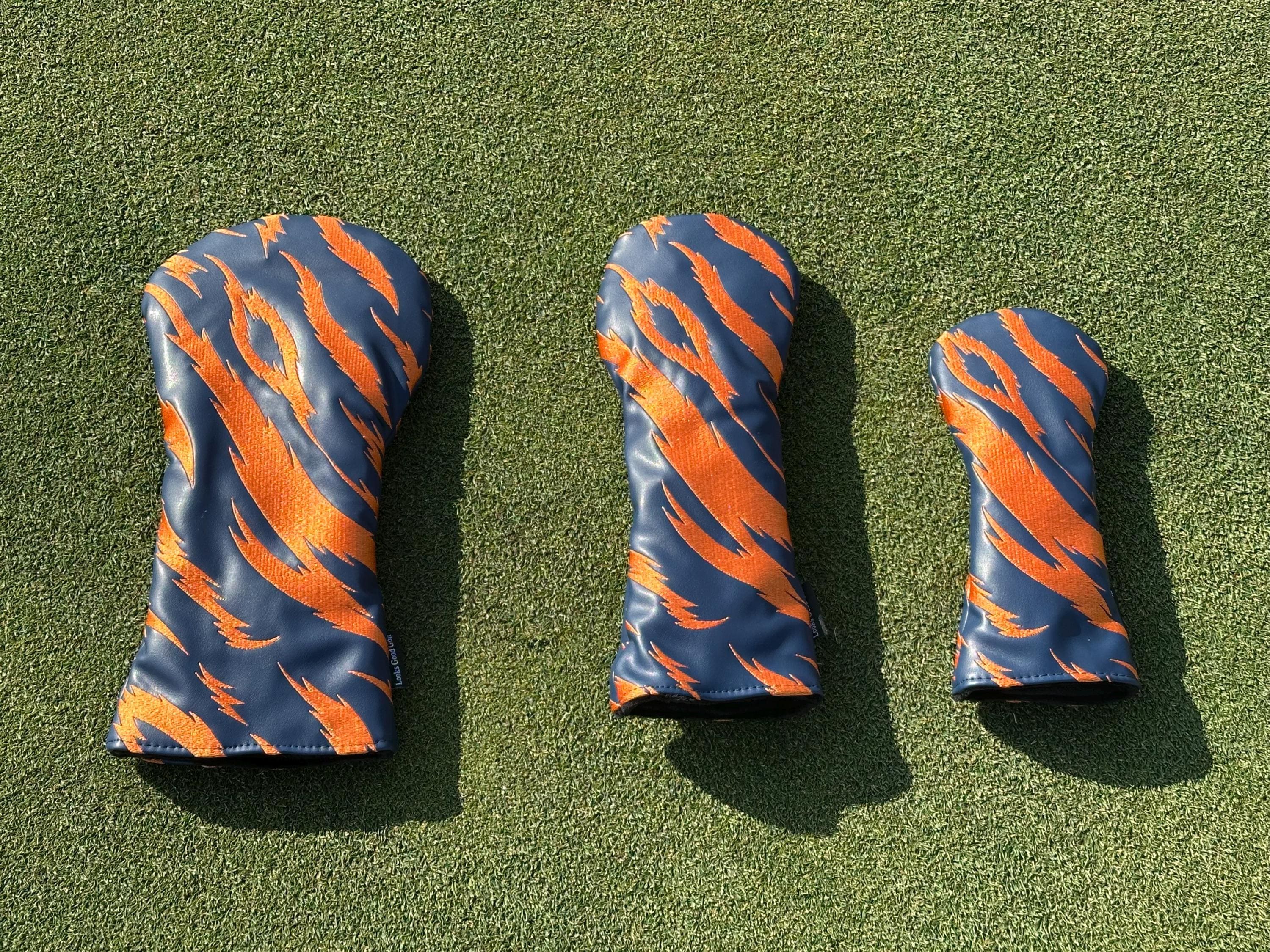 Navy and Orange Embroidered Tiger Stripe Headcovers - Driver, Fairway Wood, Hybrid