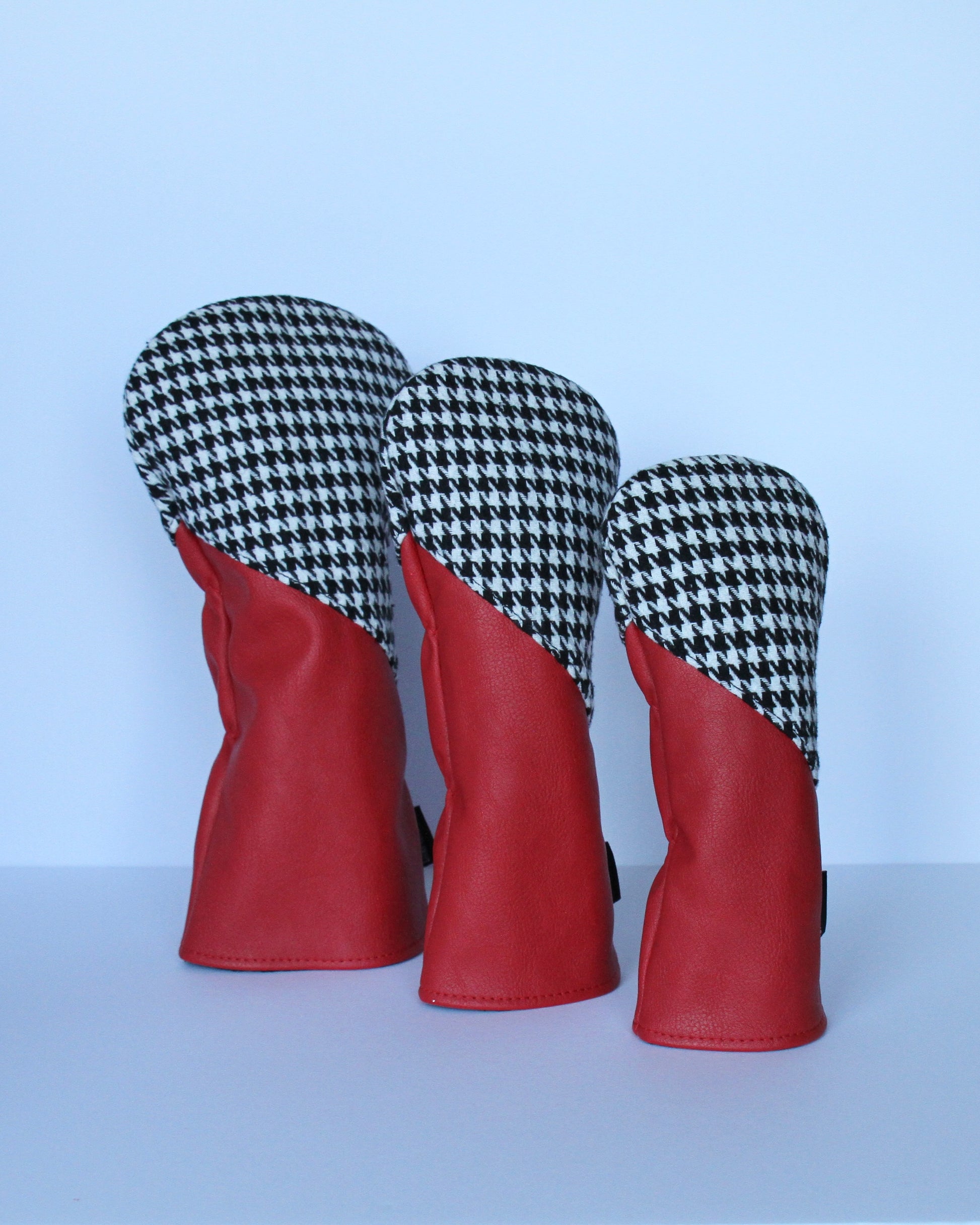 Houndstooth and crimson golf headcover 3-piece set angled view by Looks Good Golf