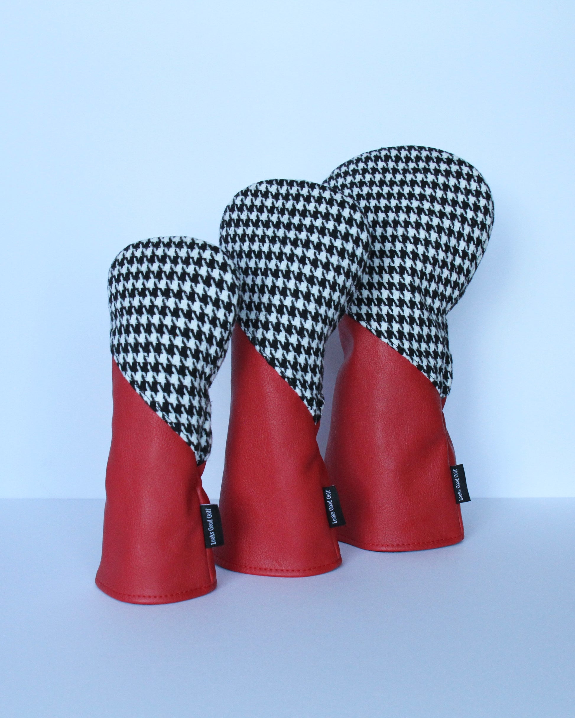 Houndstooth and crimson golf headcover set side view by Looks Good Golf