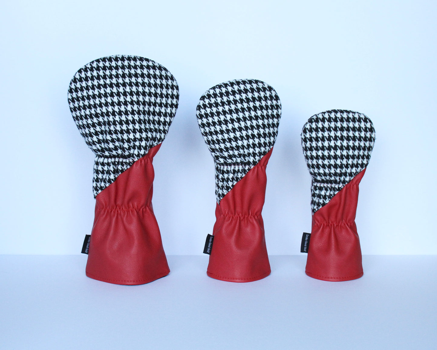 Houndstooth and crimson golf headcover set back view by Looks Good Golf