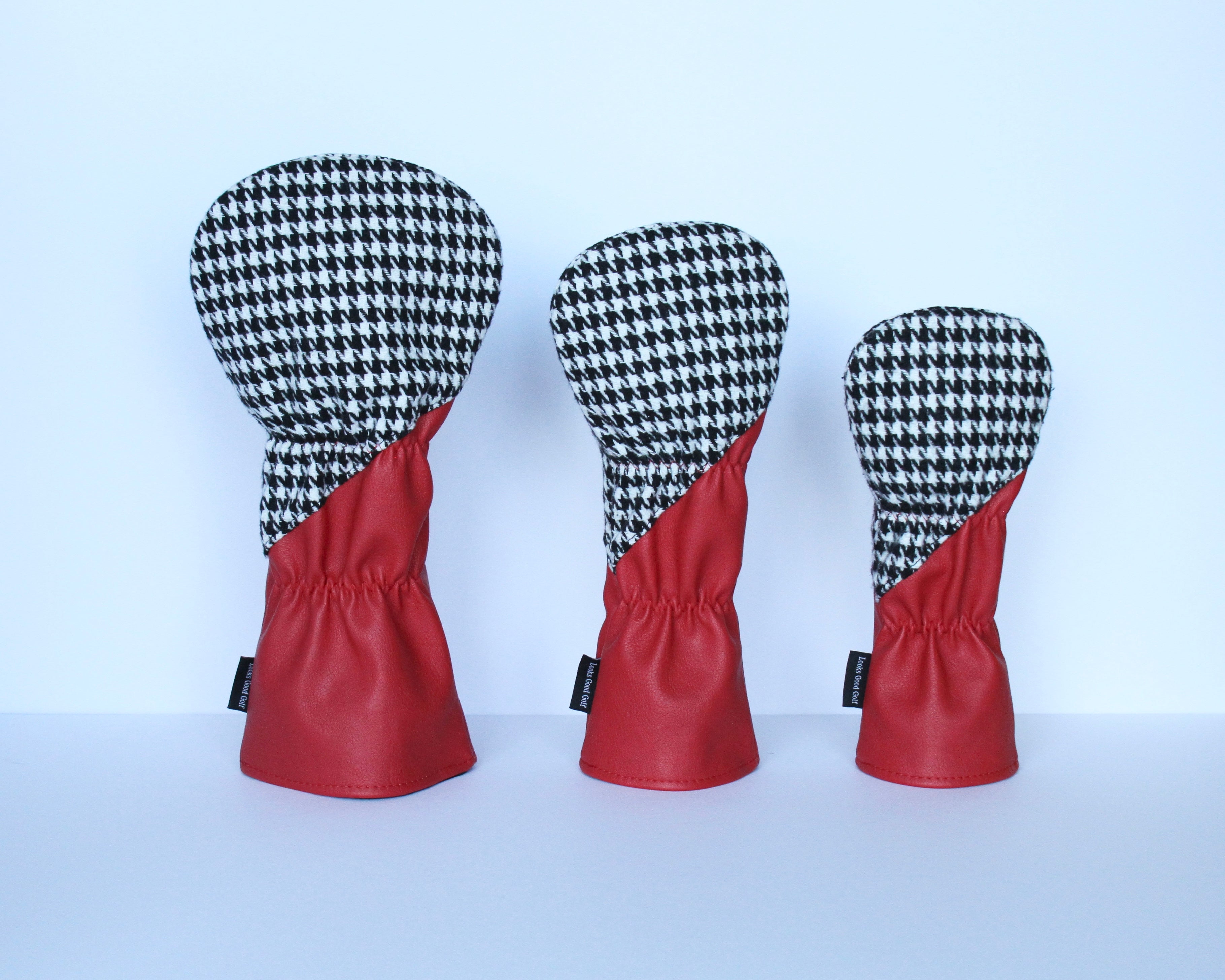 Crimson and houndstooth college golf driver fairway wood hybrid headcover with black fleece lining.
