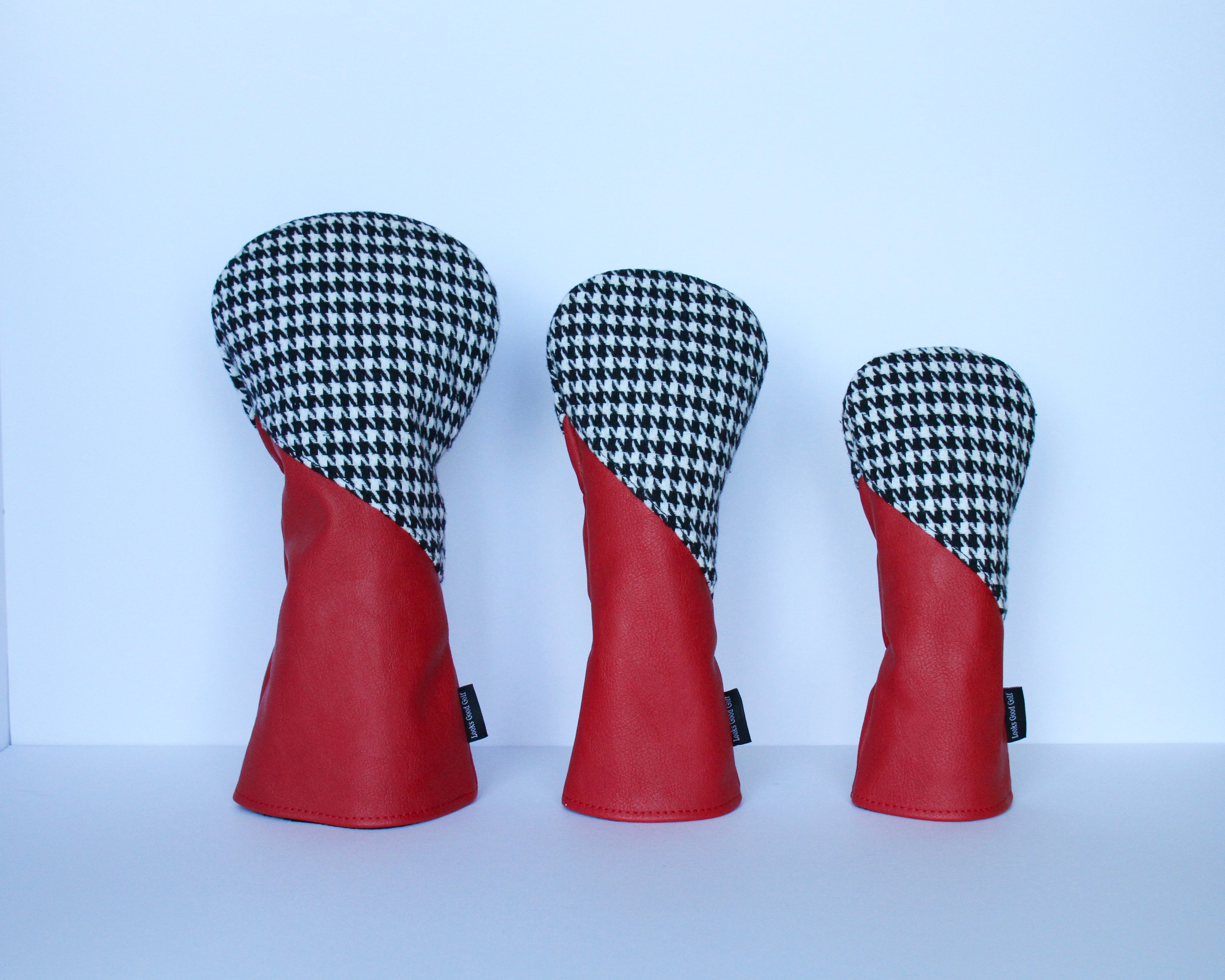 Crimson and houndstooth college golf driver fairway wood hybrid headcover with black fleece lining.