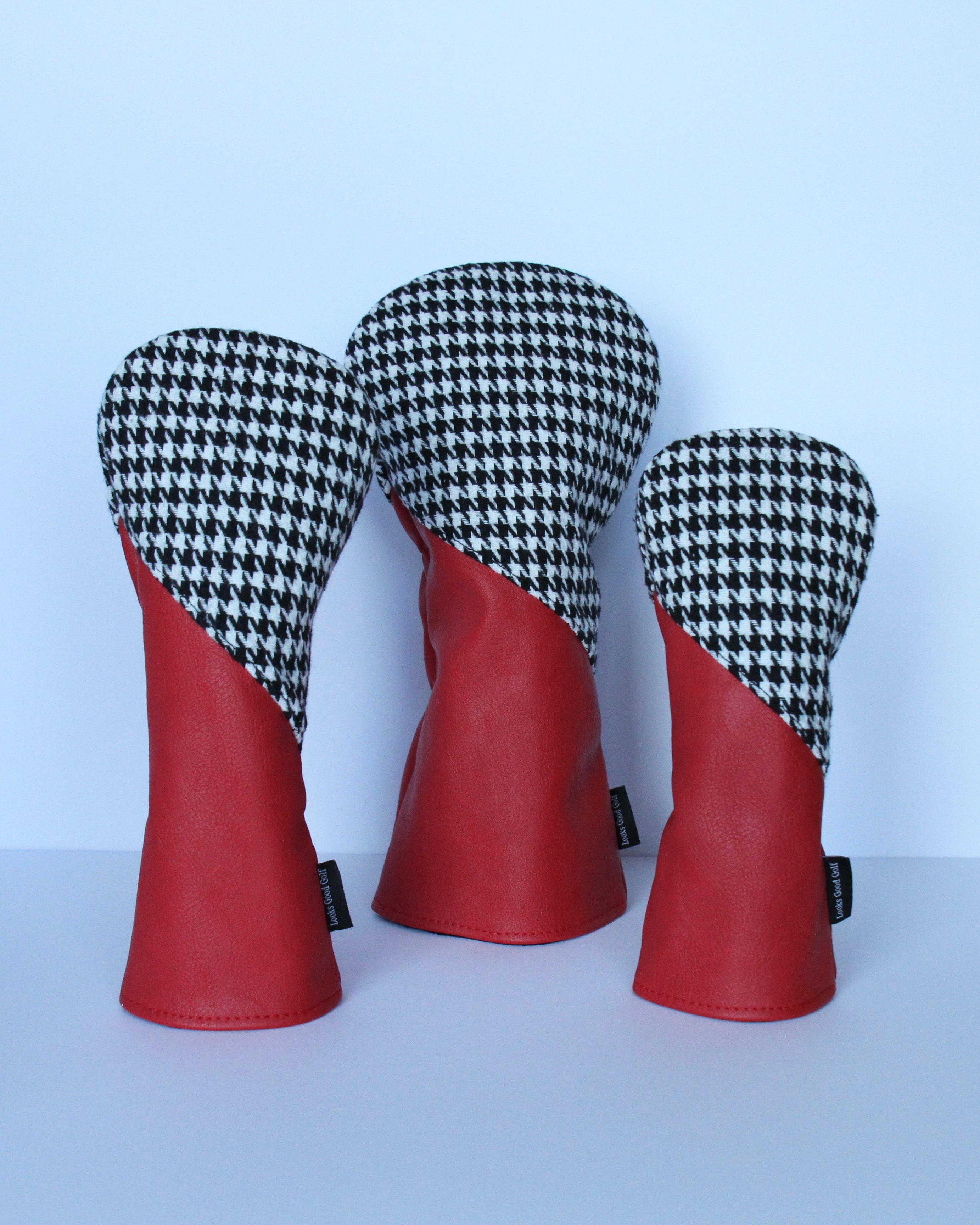 Crimson and houndstooth college golf driver fairway wood hybrid headcover with black fleece lining.
