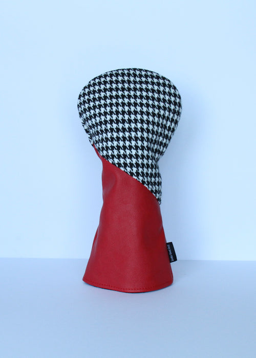 Crimson and houndstooth college golf driver headcover with black fleece lining.