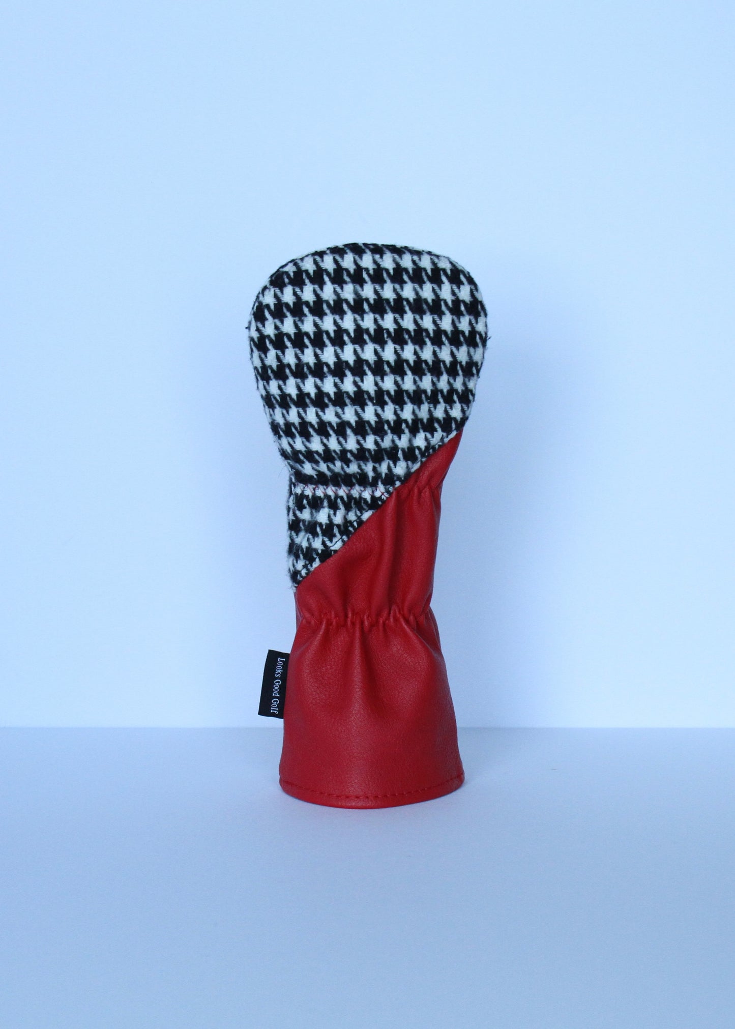 Houndstooth and crimson hybrid golf headcover back view by Looks Good Golf