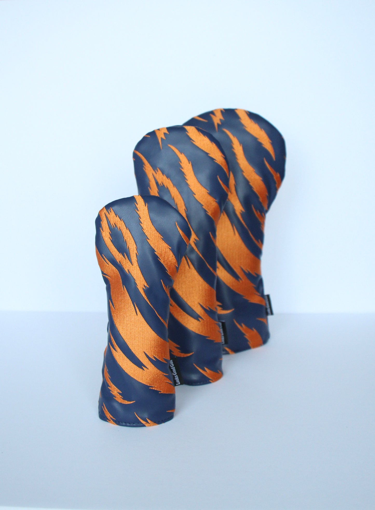 Navy and orange tiger stripe golf headcover set side view – driver, fairway wood, hybrid by Looks Good Golf