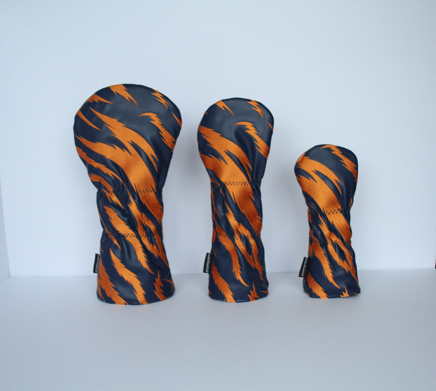 Navy and orange tiger stripe golf headcover set back view – driver, fairway wood, hybrid by Looks Good Golf