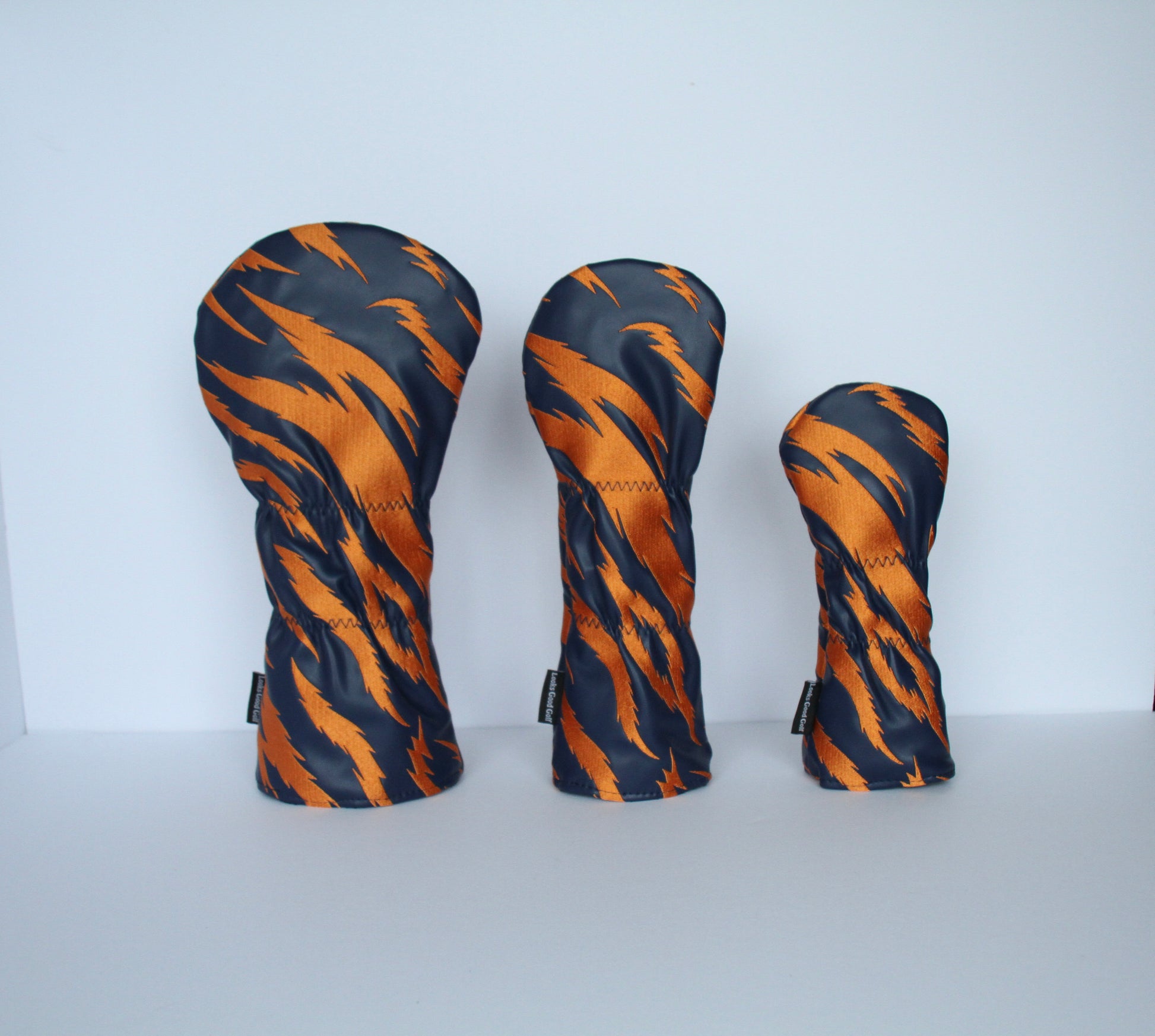 Navy and orange tiger stripe golf headcover set back view – driver, fairway wood, hybrid by Looks Good Golf