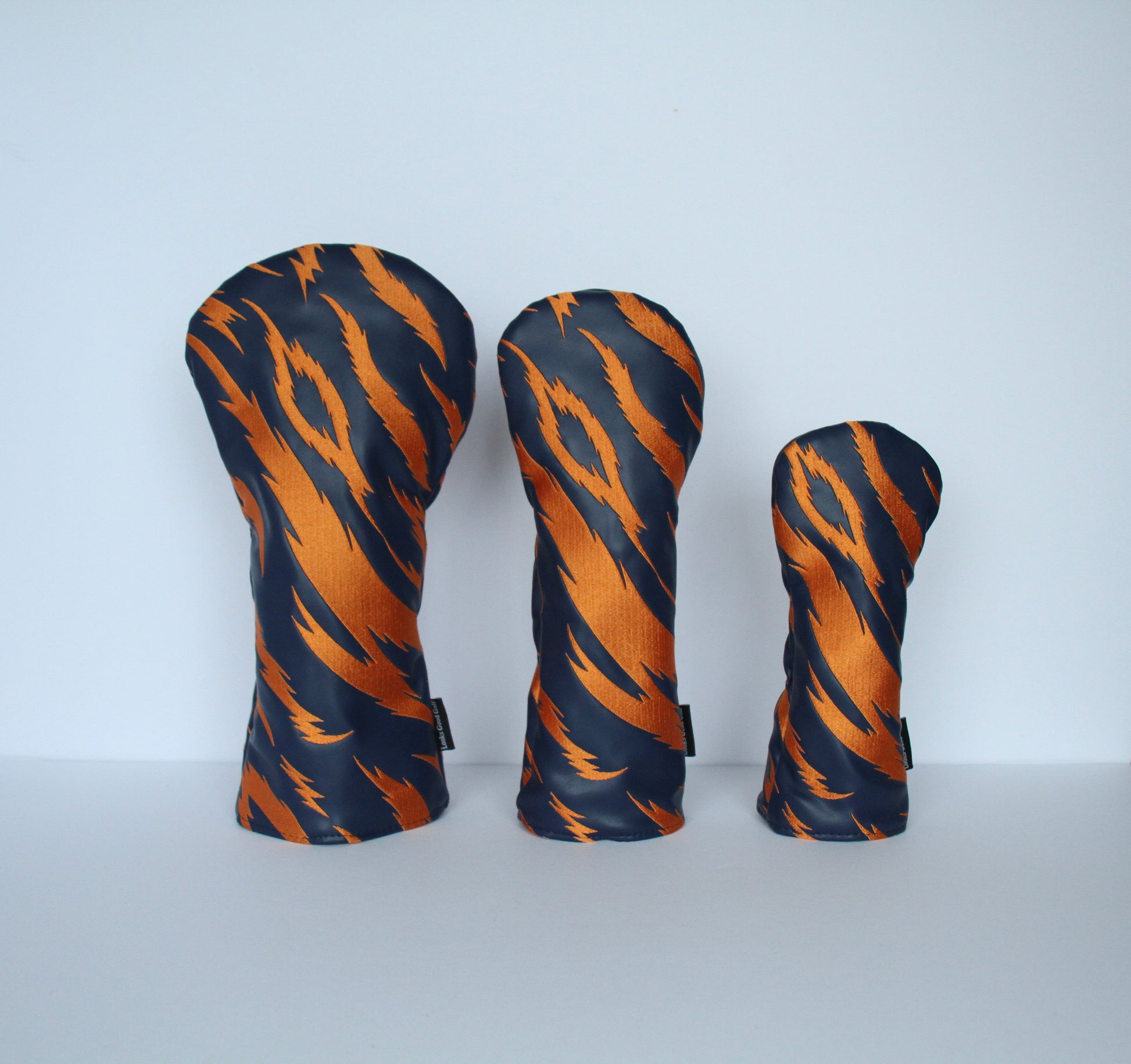Navy and orange tiger stripe golf headcover set – driver, fairway wood, hybrid by Looks Good Golf