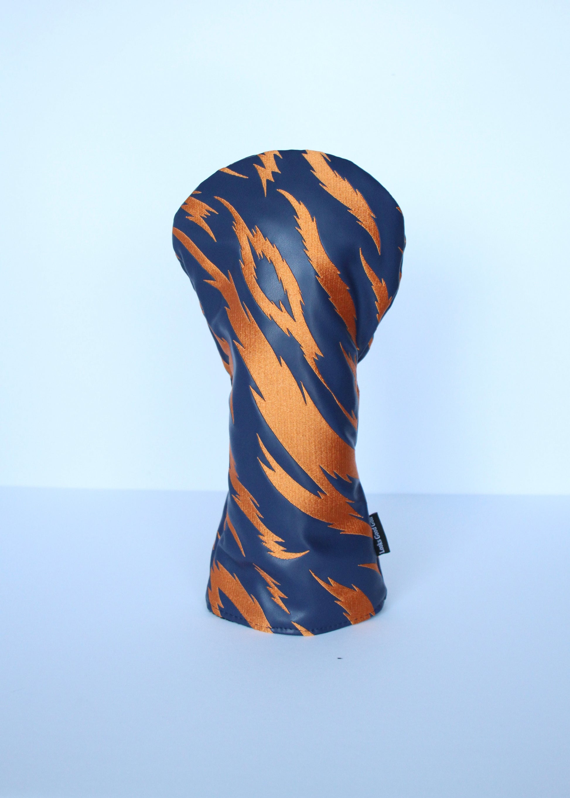 Navy and orange tiger stripe golf driver headcover front view by Looks Good Golf