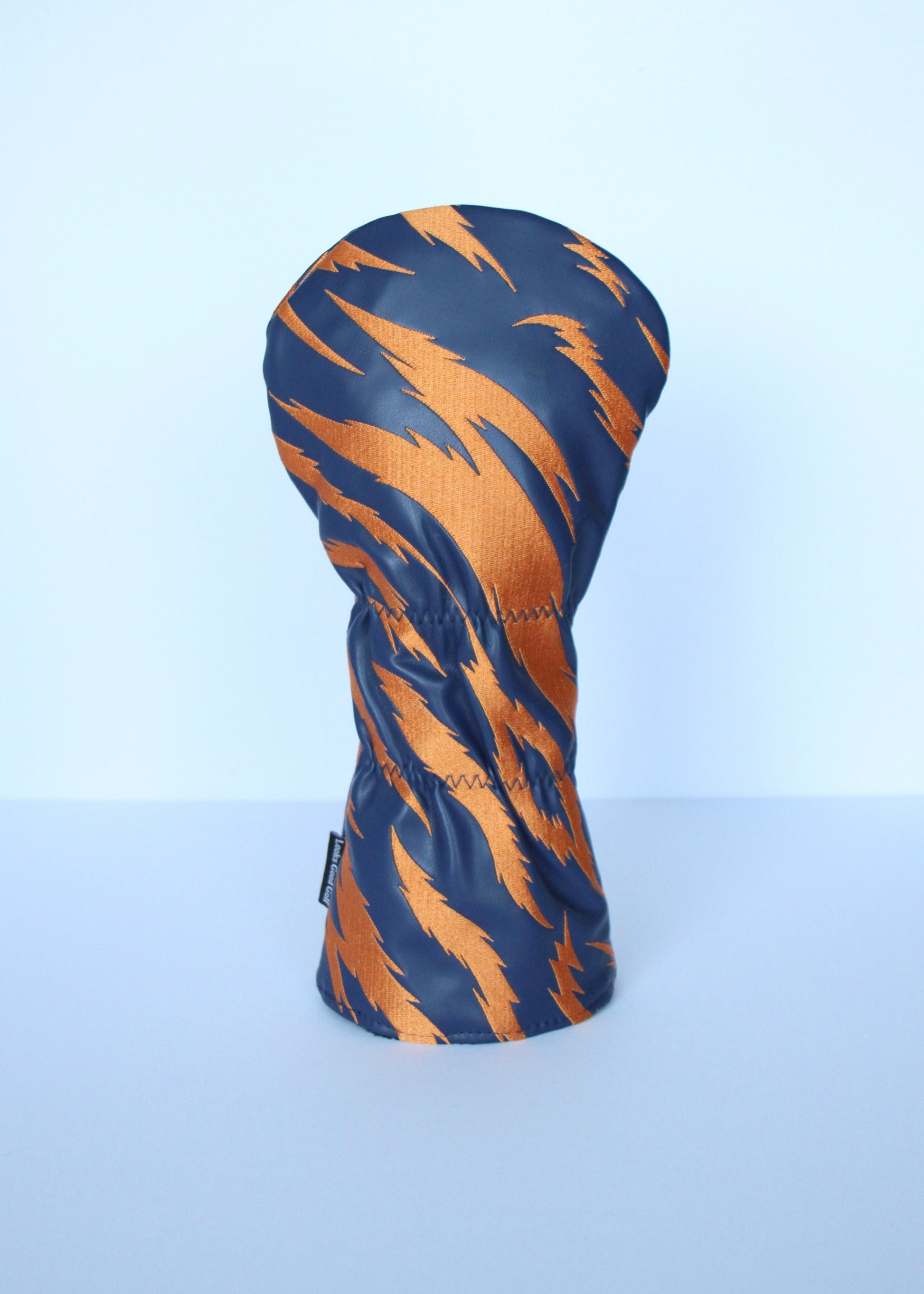 Navy and orange tiger stripe golf driver headcover back view by Looks Good Golf