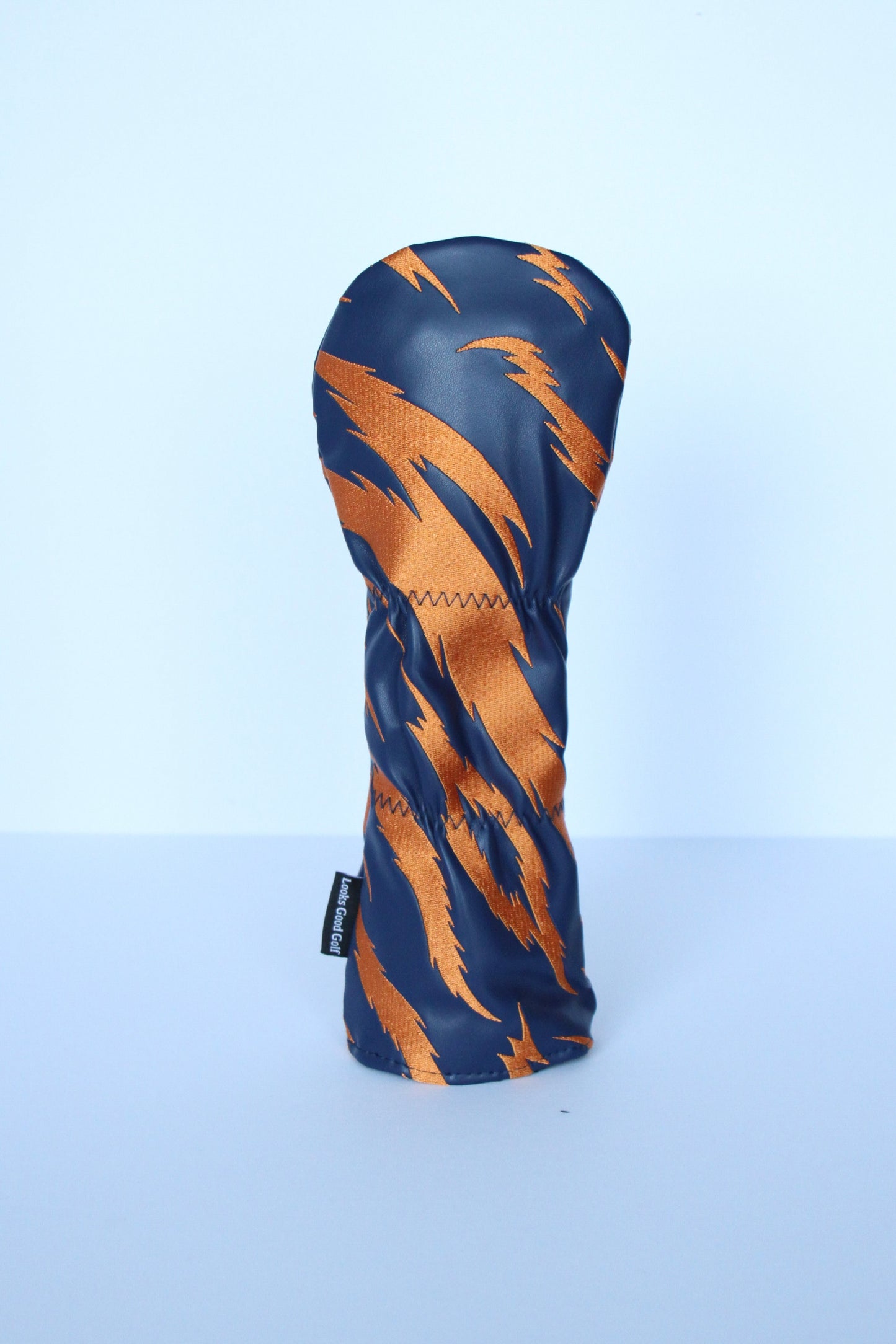 Navy and orange tiger stripe fairway wood headcover back view by Looks Good Golf