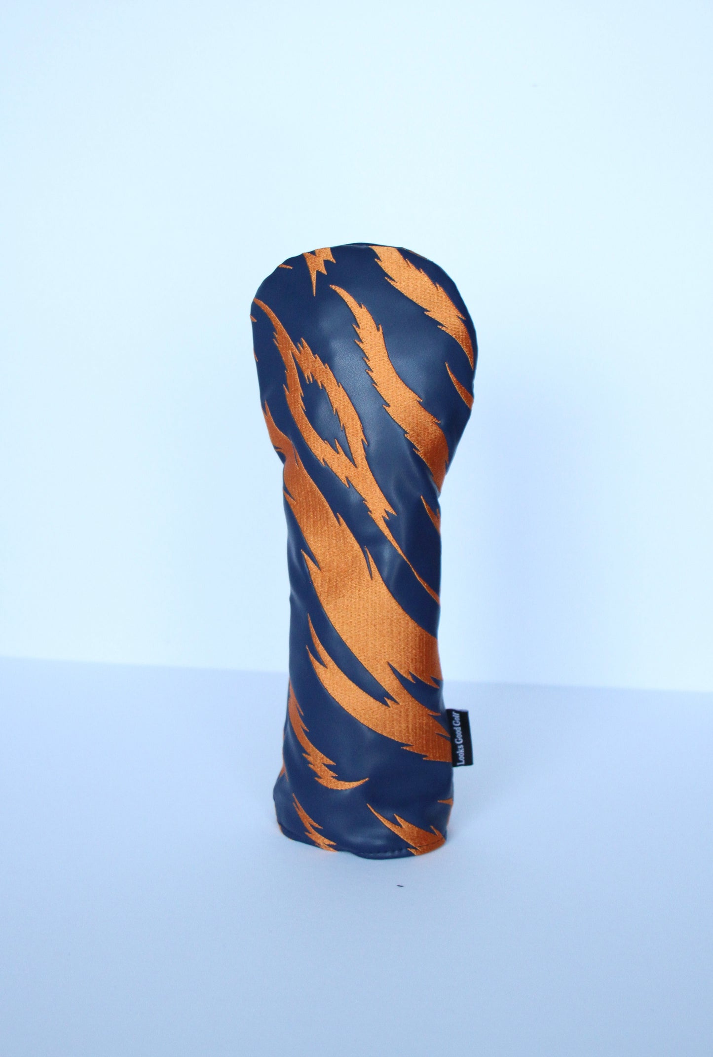 Navy and orange tiger stripe fairway wood headcover front view by Looks Good Golf
