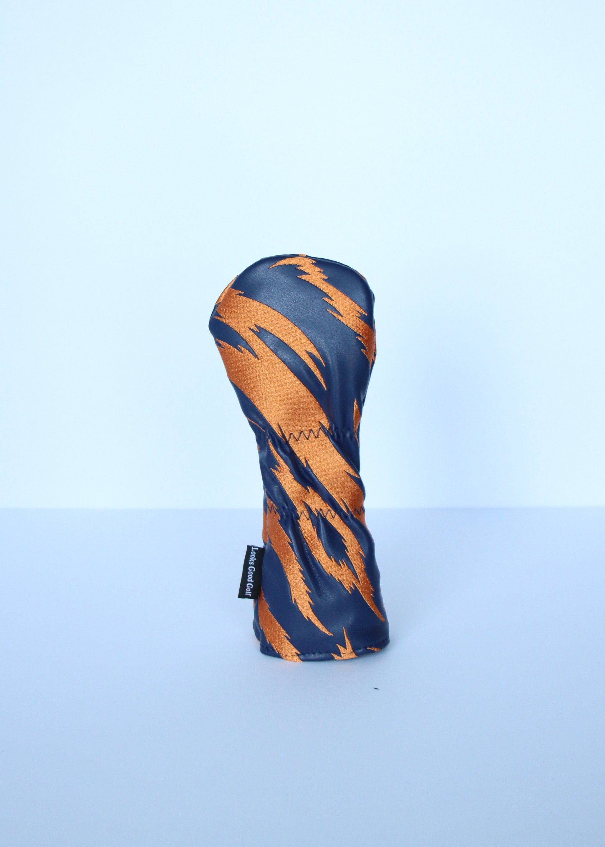 Navy and orange tiger stripe hybrid golf headcover back view by Looks Good Golf
