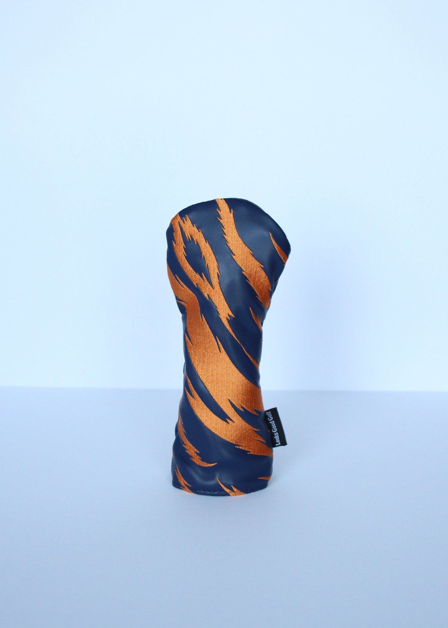 Navy and orange tiger stripe hybrid golf headcover by Looks Good Golf