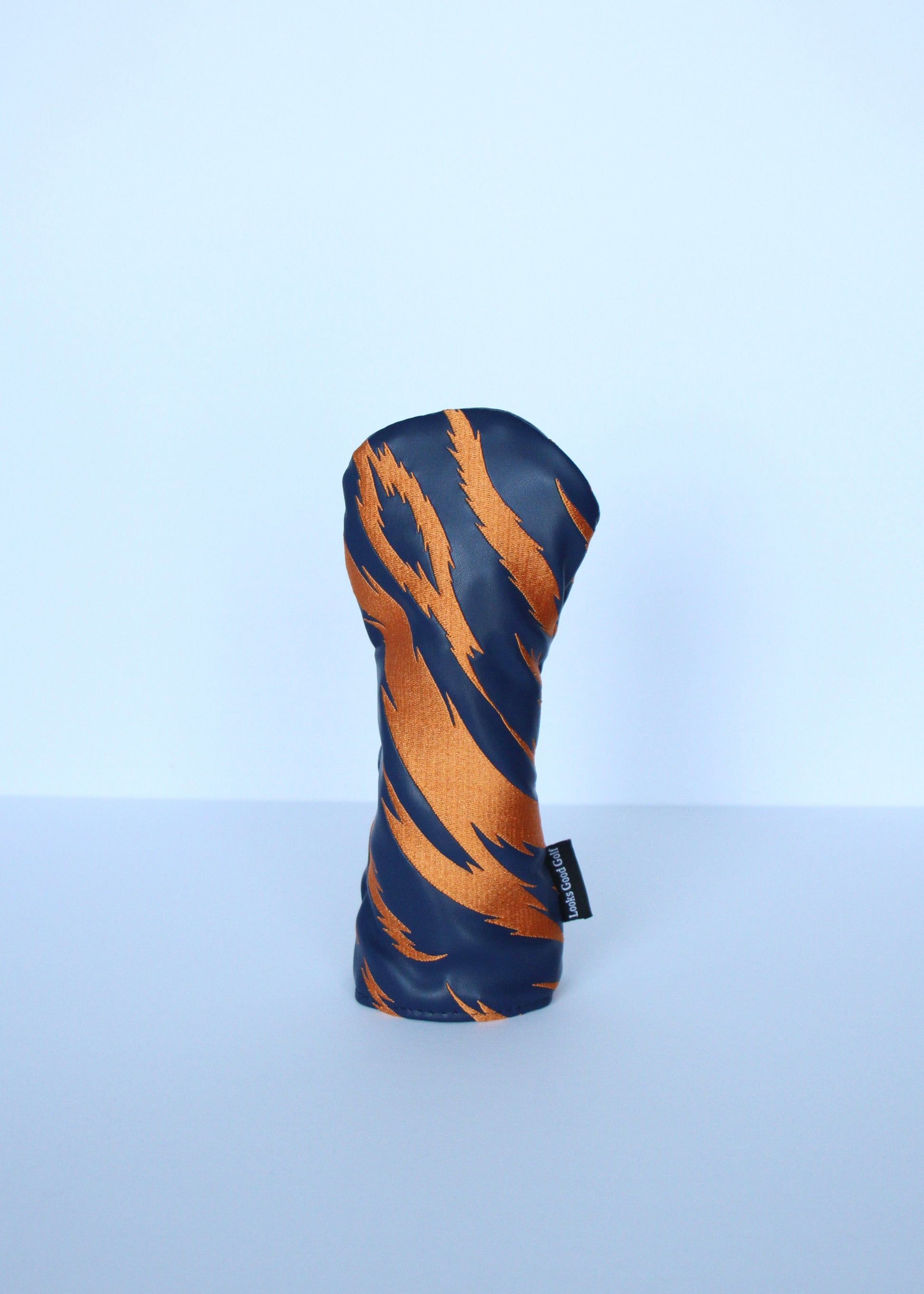 Navy and orange tiger stripe hybrid golf headcover front view by Looks Good Golf