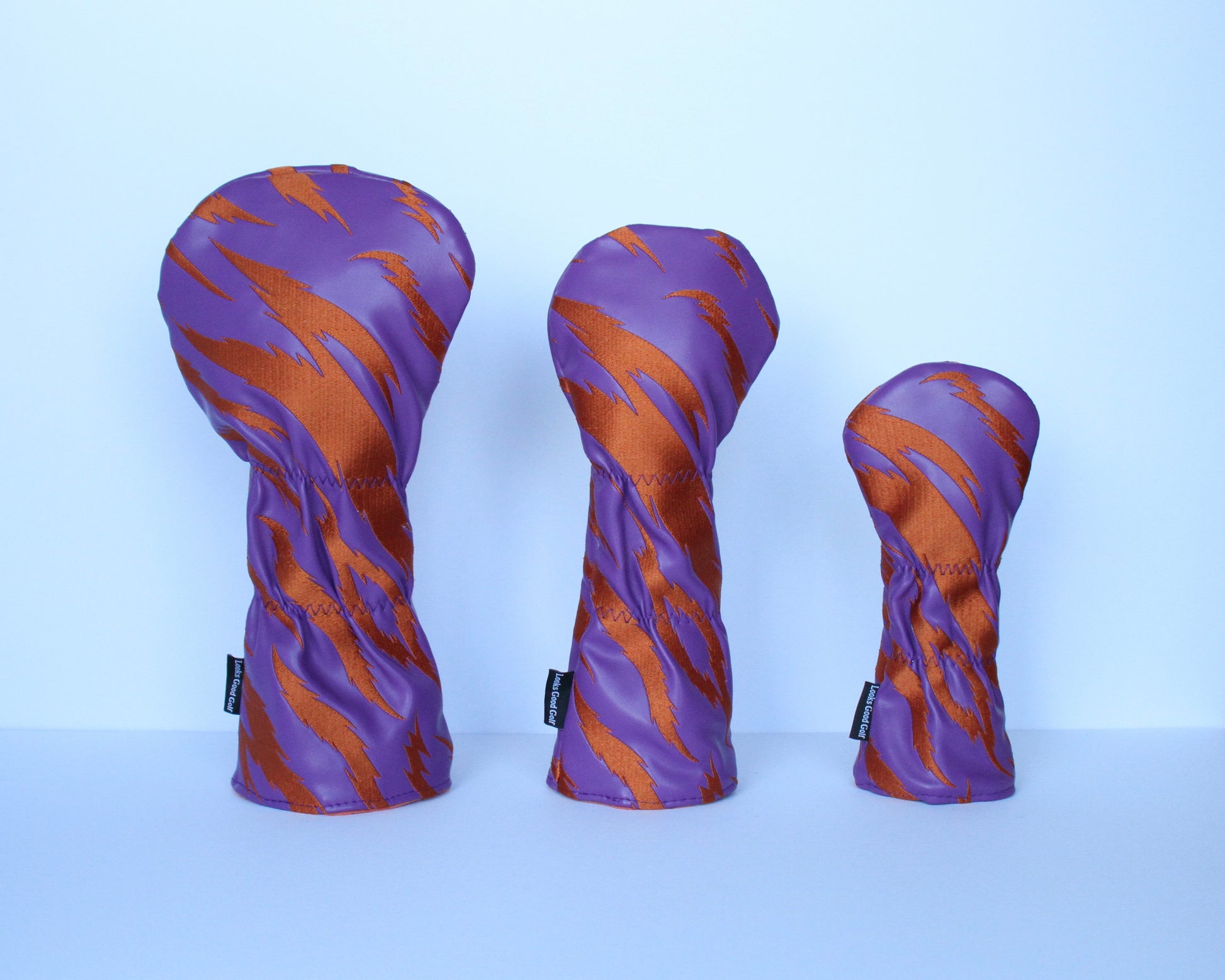 Purple and orange tiger stripe golf headcover 3-piece set back view by Looks Good Golf