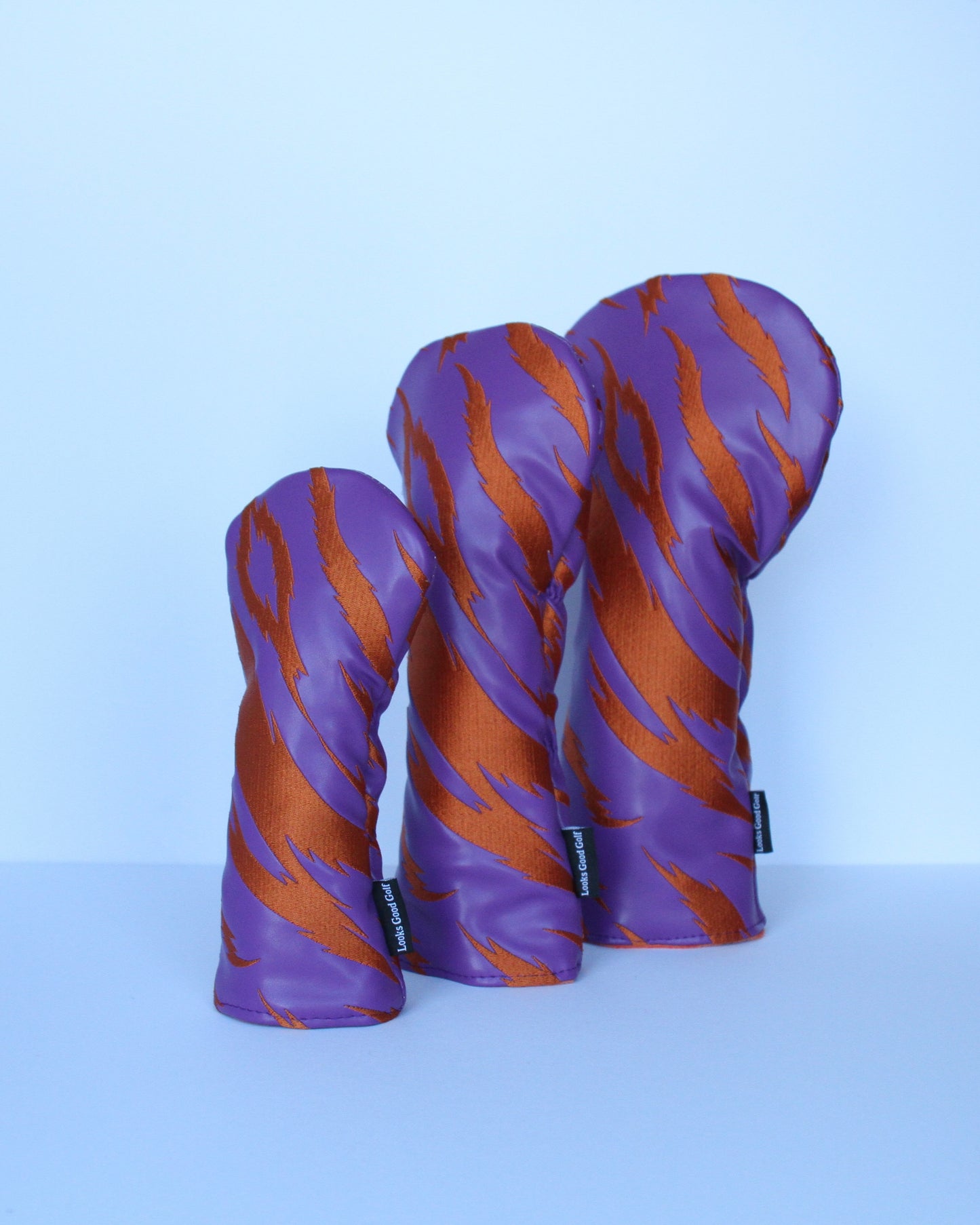 Purple and orange tiger stripe golf headcover 3-piece set side view by Looks Good Golf