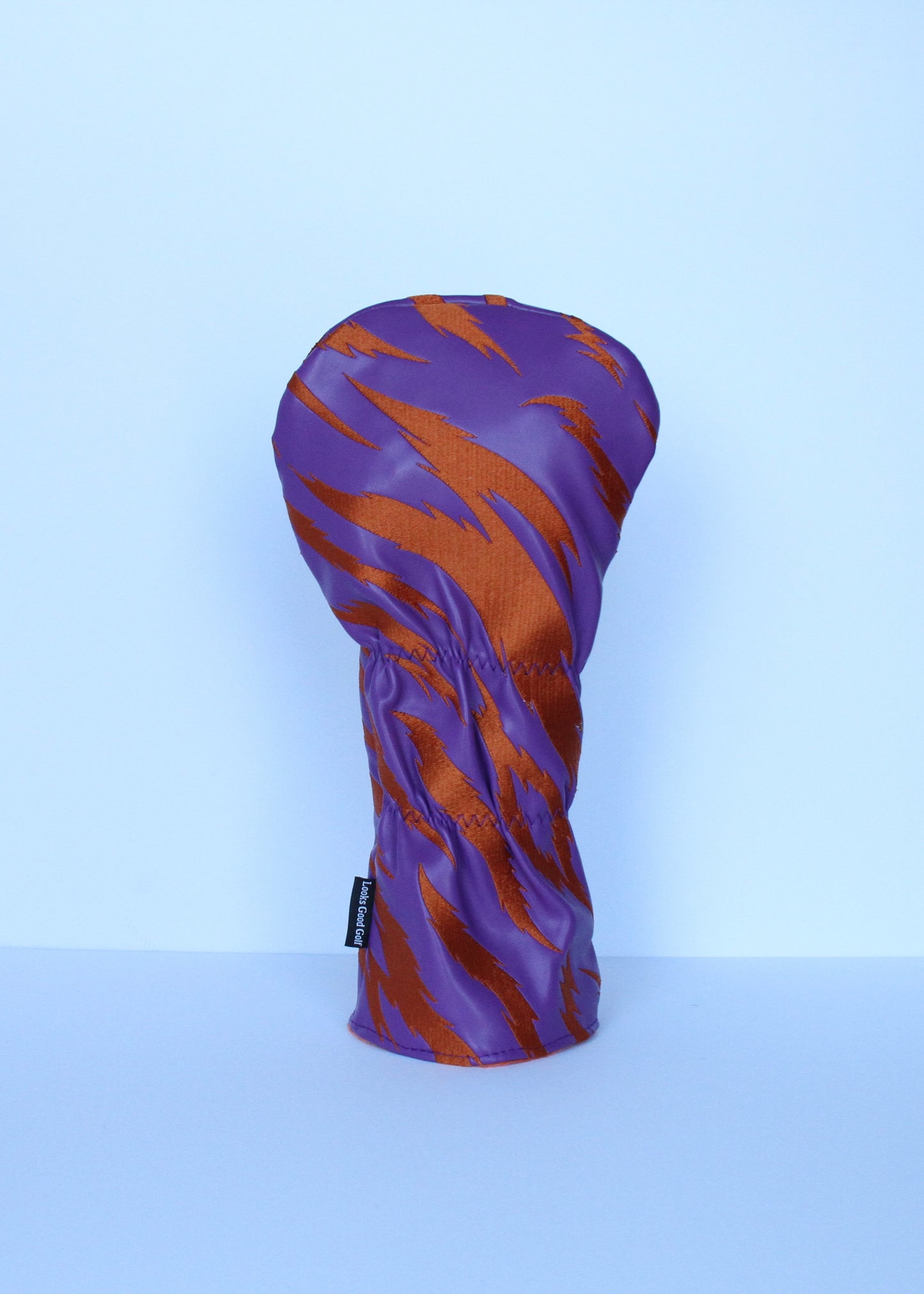 Purple and orange tiger stripe golf driver headcover back view by Looks Good Golf