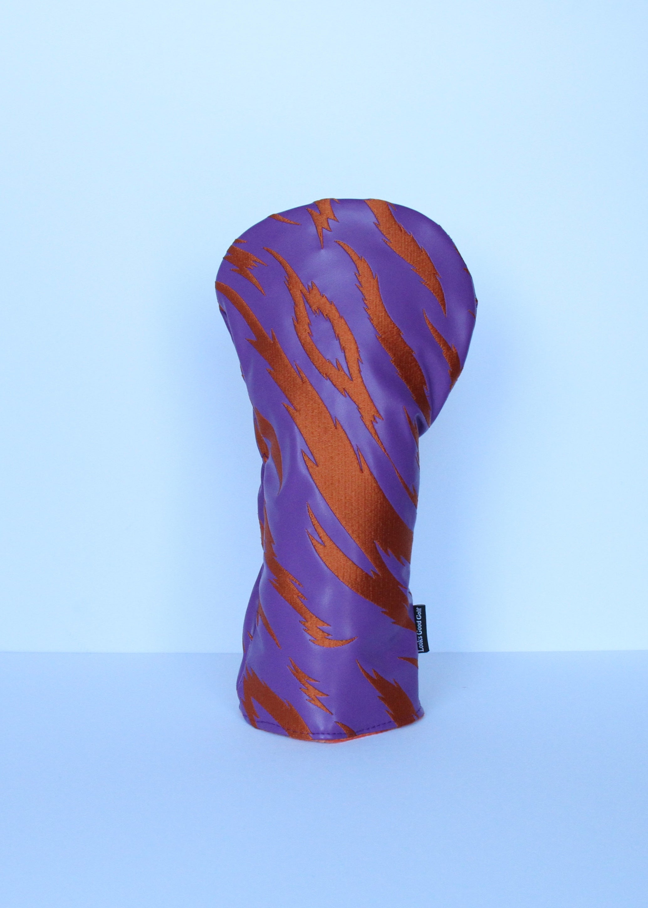 Orange and purple golf driver headcover with embroidered tiger stripes orange fleece lining
