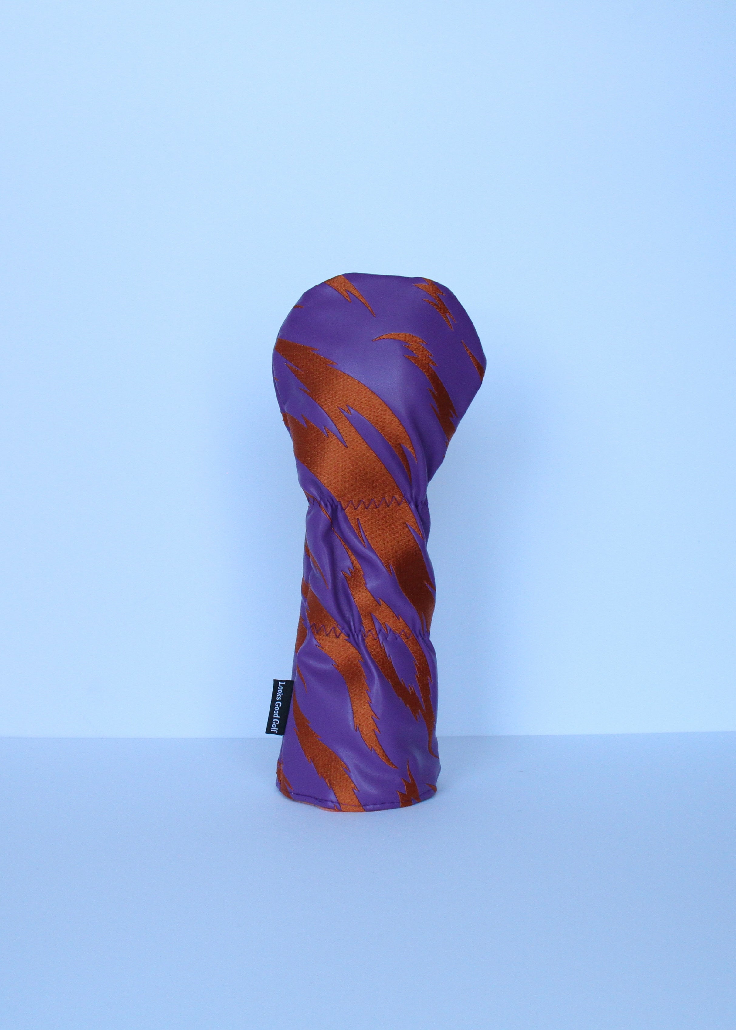 Orange and purple golf fairway wood headcover with embroidered tiger stripes orange fleece lining