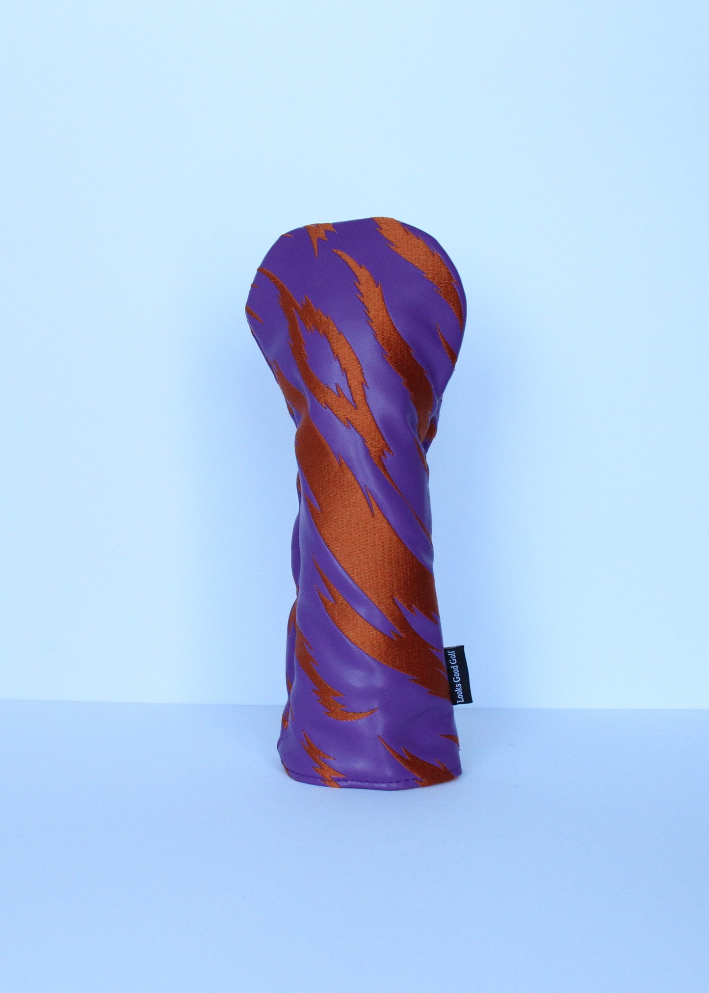 Purple and orange tiger stripe golf fairway wood headcover front view by Looks Good Golf