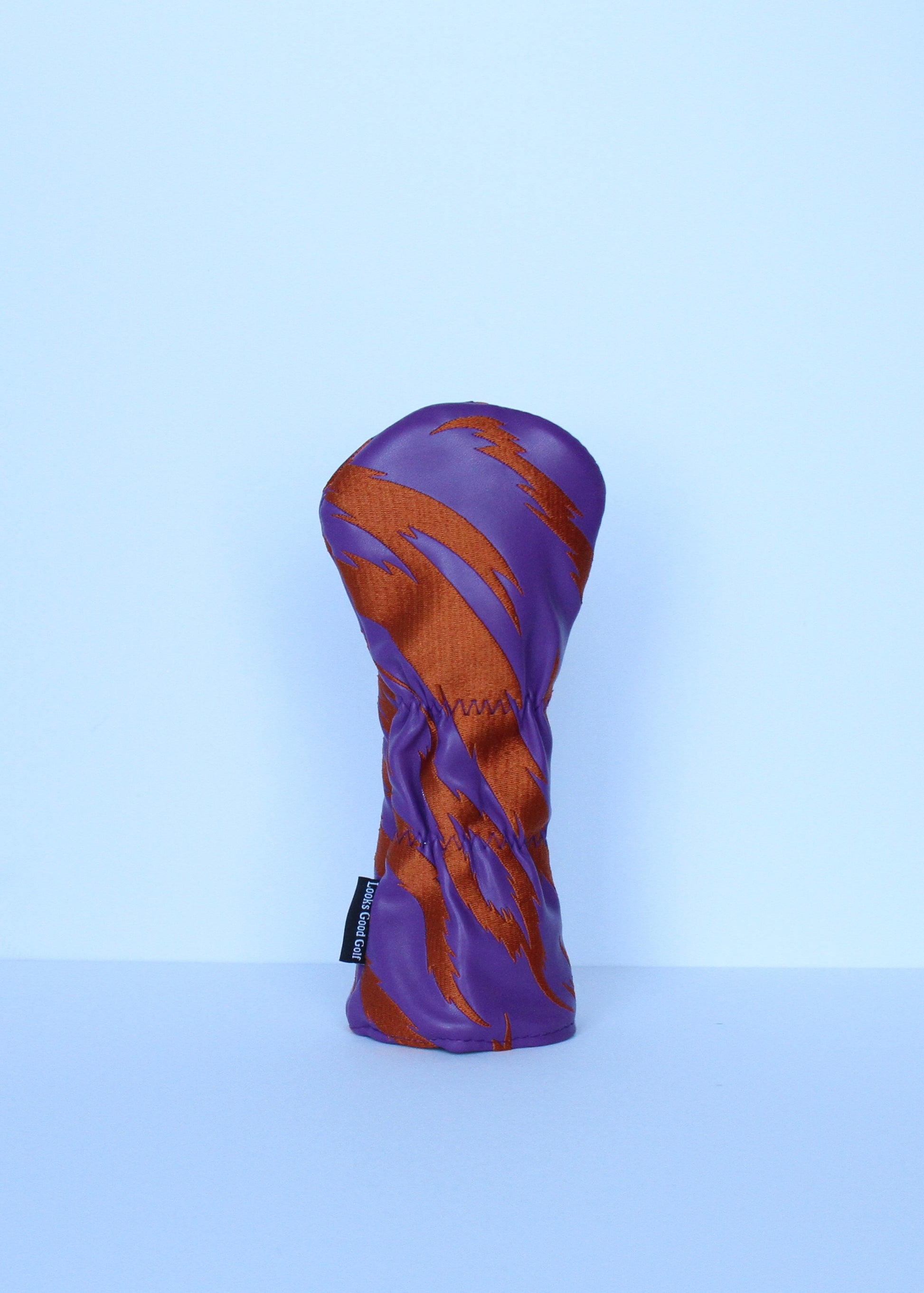 Purple and orange tiger stripe golf hybrid headcover back view by Looks Good Golf