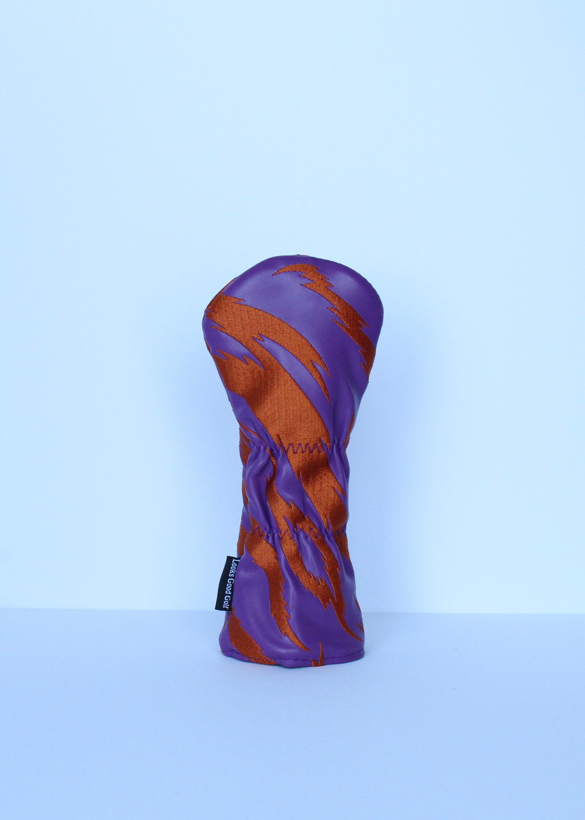 Orange and purple golf hybrid headcover with embroidered tiger stripes orange fleece lining