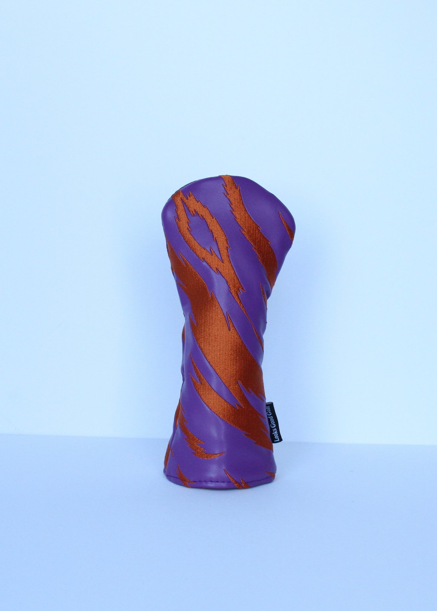 Purple and orange tiger stripe golf hybrid headcover front view by Looks Good Golf