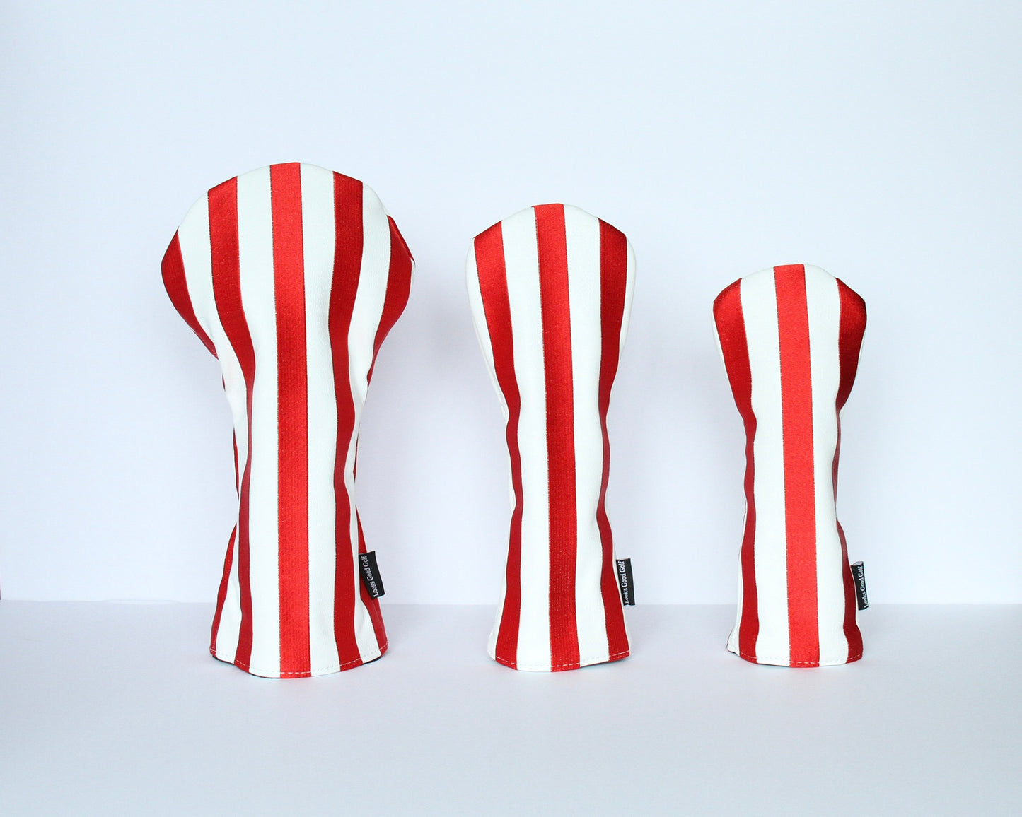 Crimson and white striped golf headcover set – driver, fairway wood, hybrid by Looks Good Golf