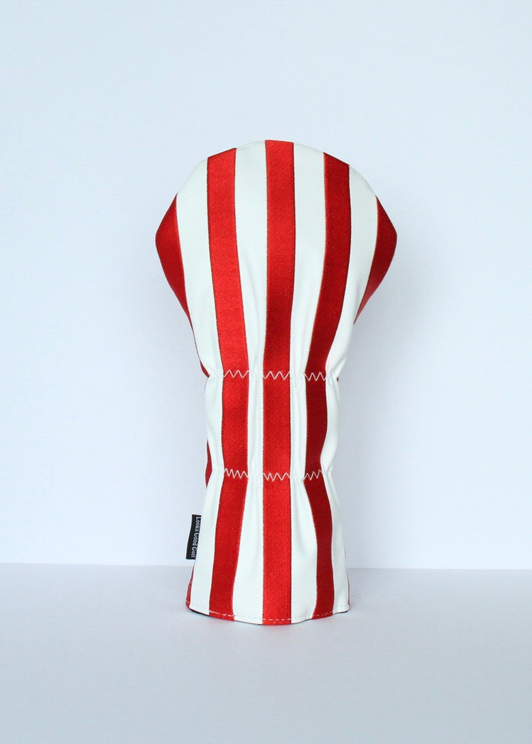 Crimson and white striped golf driver headcover back view by Looks Good Golf