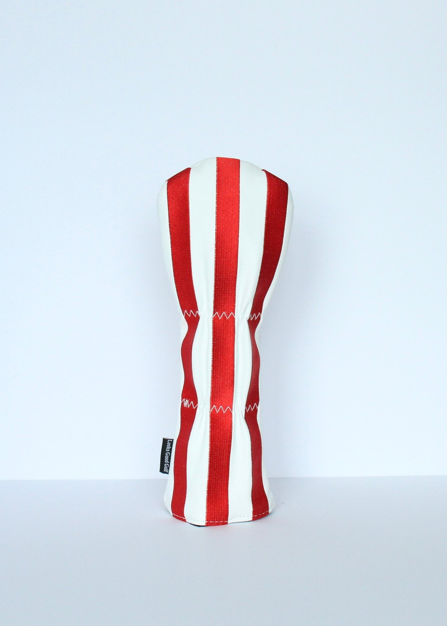 Crimson and white striped fairway wood headcover back view by Looks Good Golf