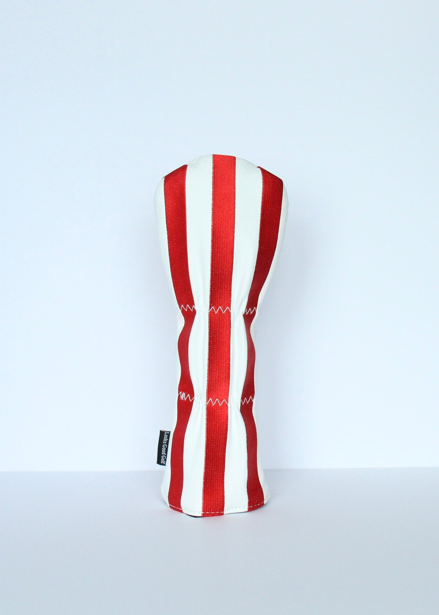 Crimson and white striped fairway wood headcover back view by Looks Good Golf