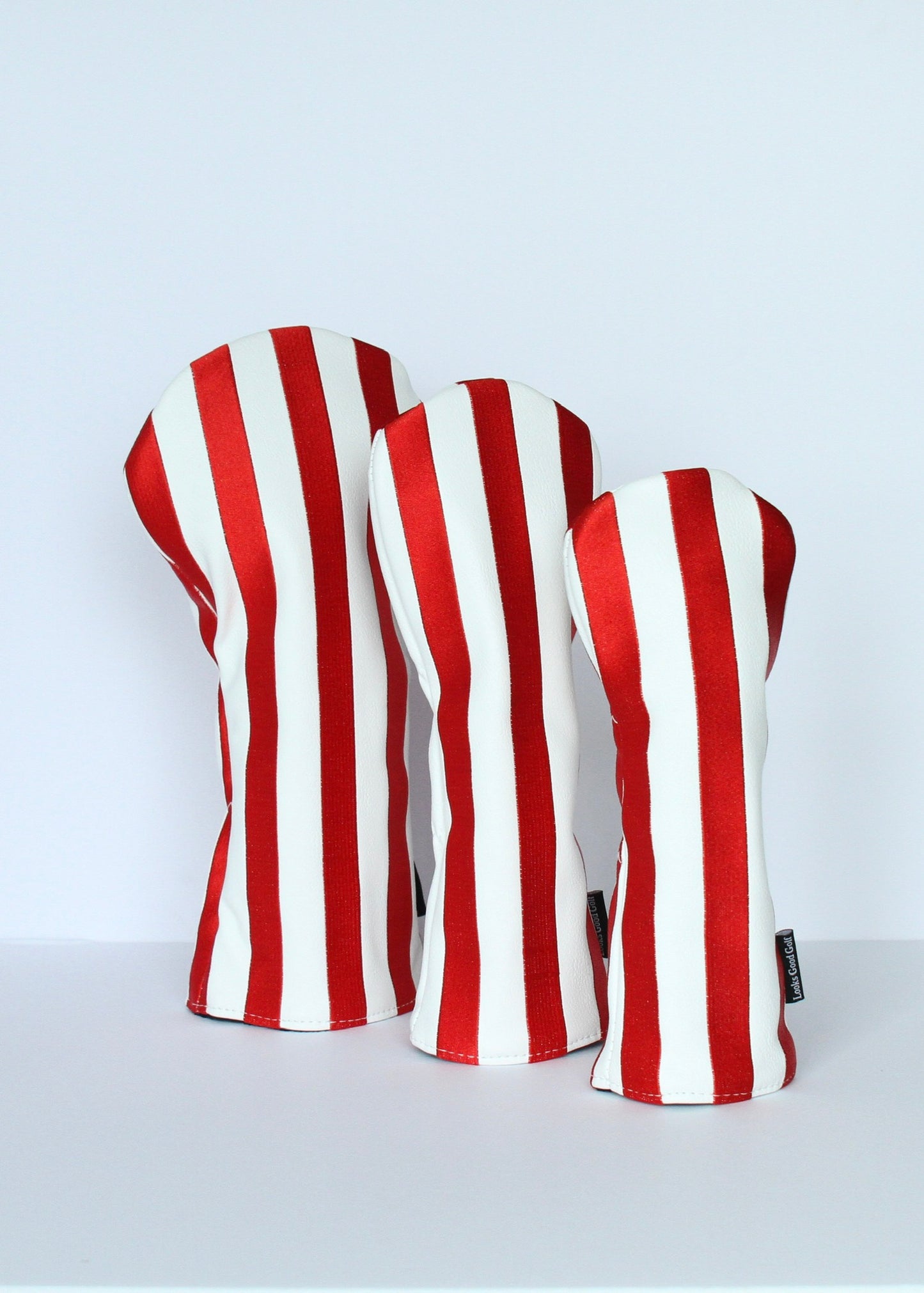 Crimson and white striped golf headcover set – driver, fairway wood, hybrid front view by Looks Good Golf