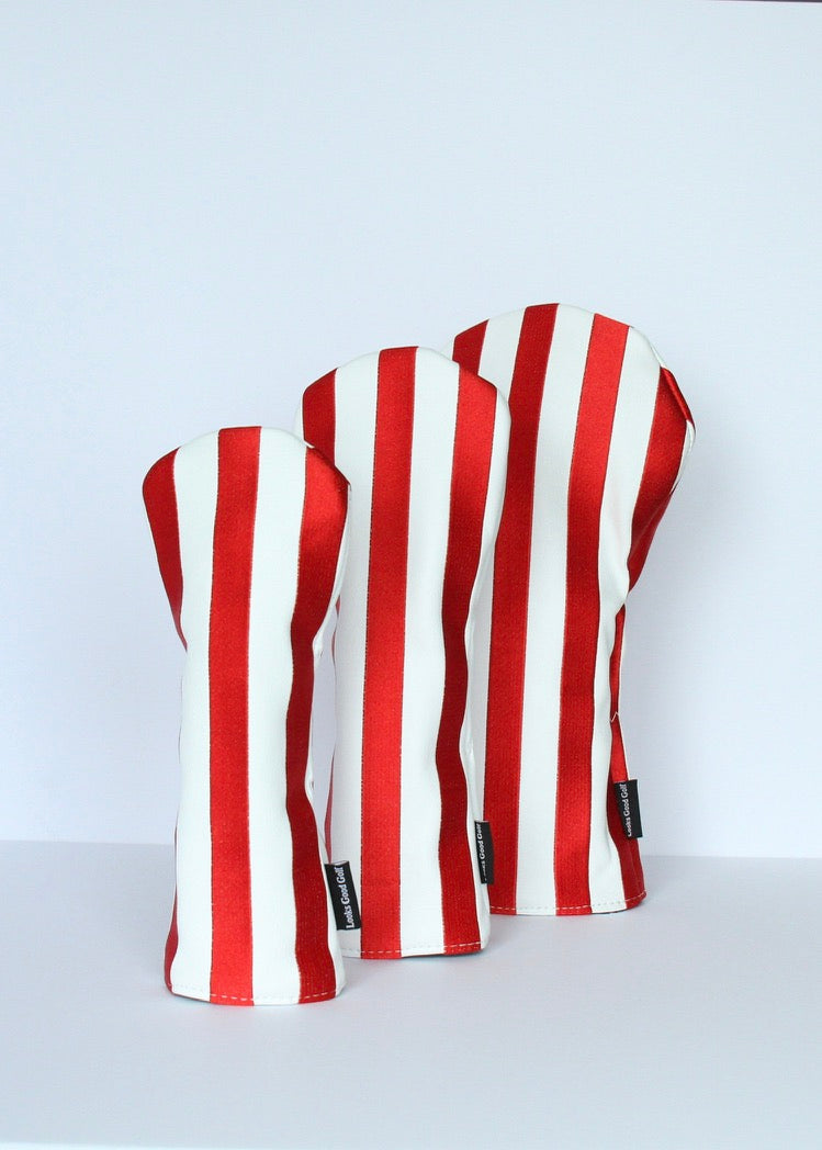 Crimson and white striped golf headcover set – driver, fairway wood, hybrid angled view by Looks Good Golf