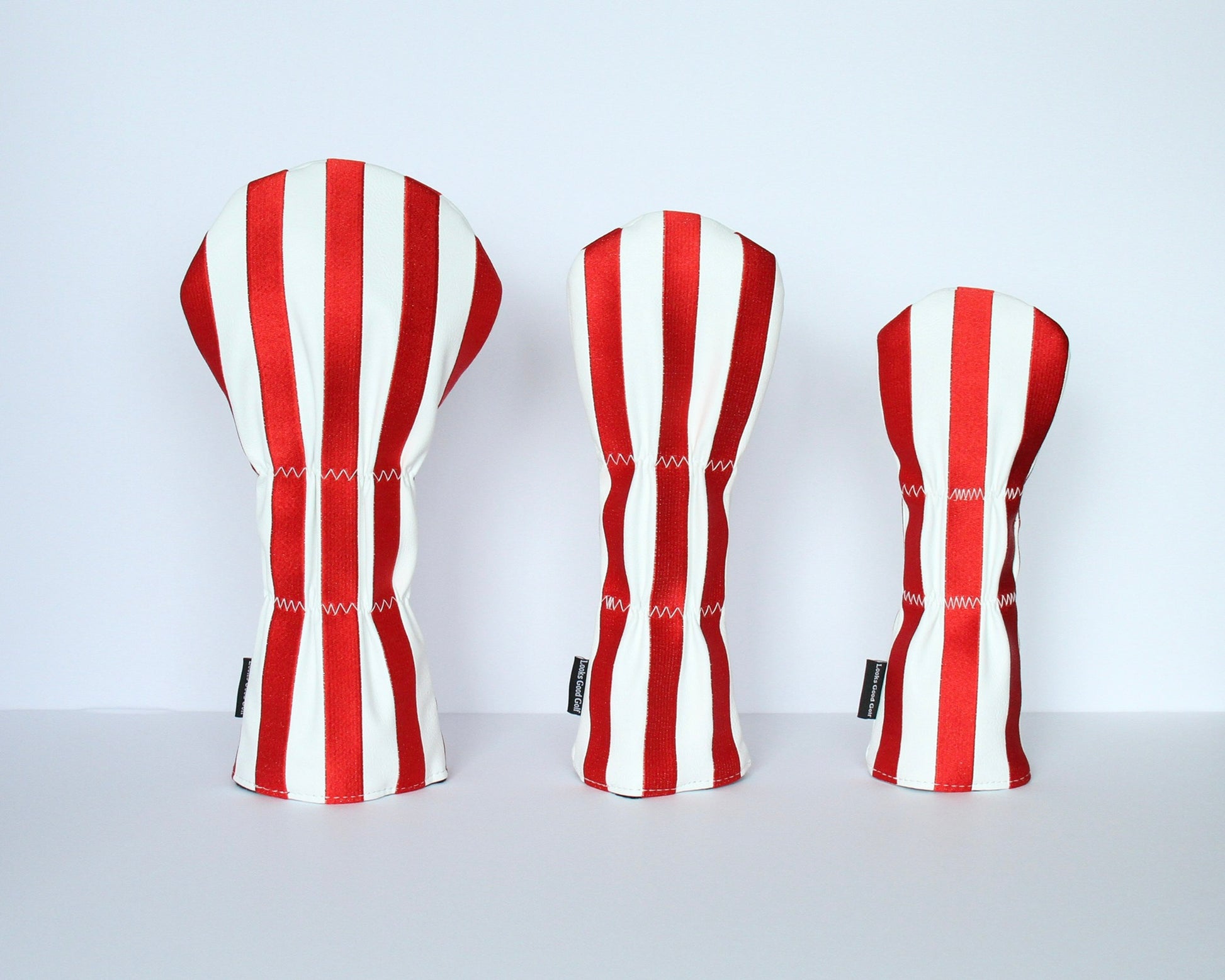 Crimson and white striped golf headcover set back view – driver, fairway wood, hybrid by Looks Good Golf