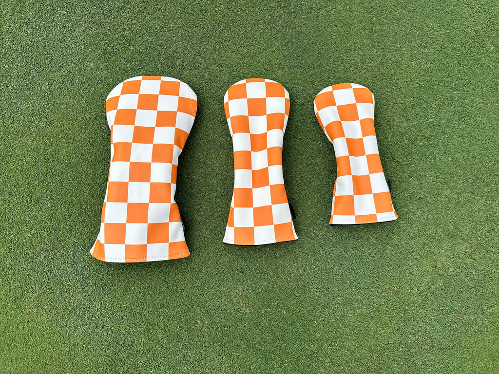 White and Orange Checkerboard Headcovers - Driver, Fairway Wood, Hybrid