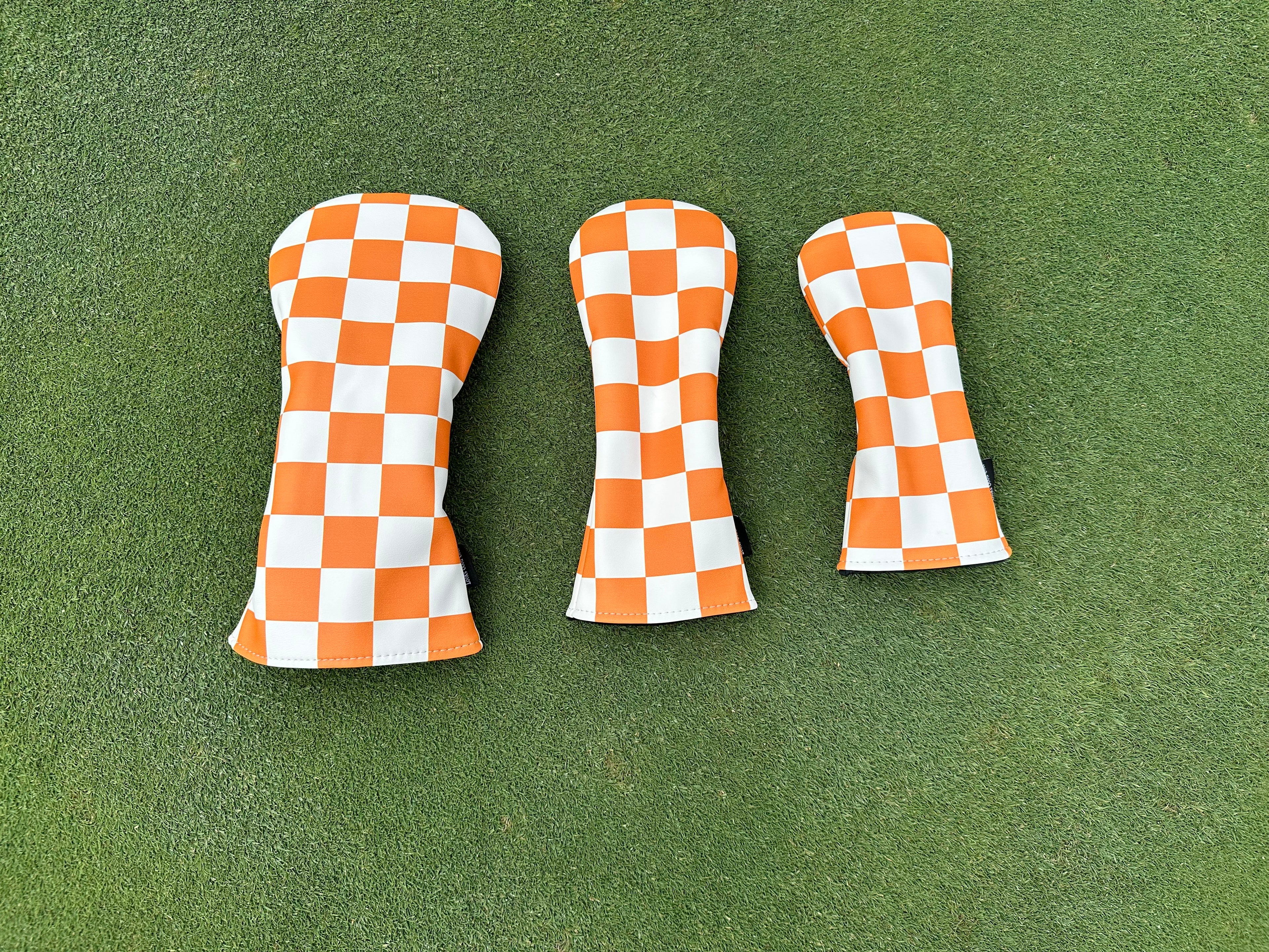 White and Orange Checkerboard Headcovers - Driver, Fairway Wood, Hybrid
