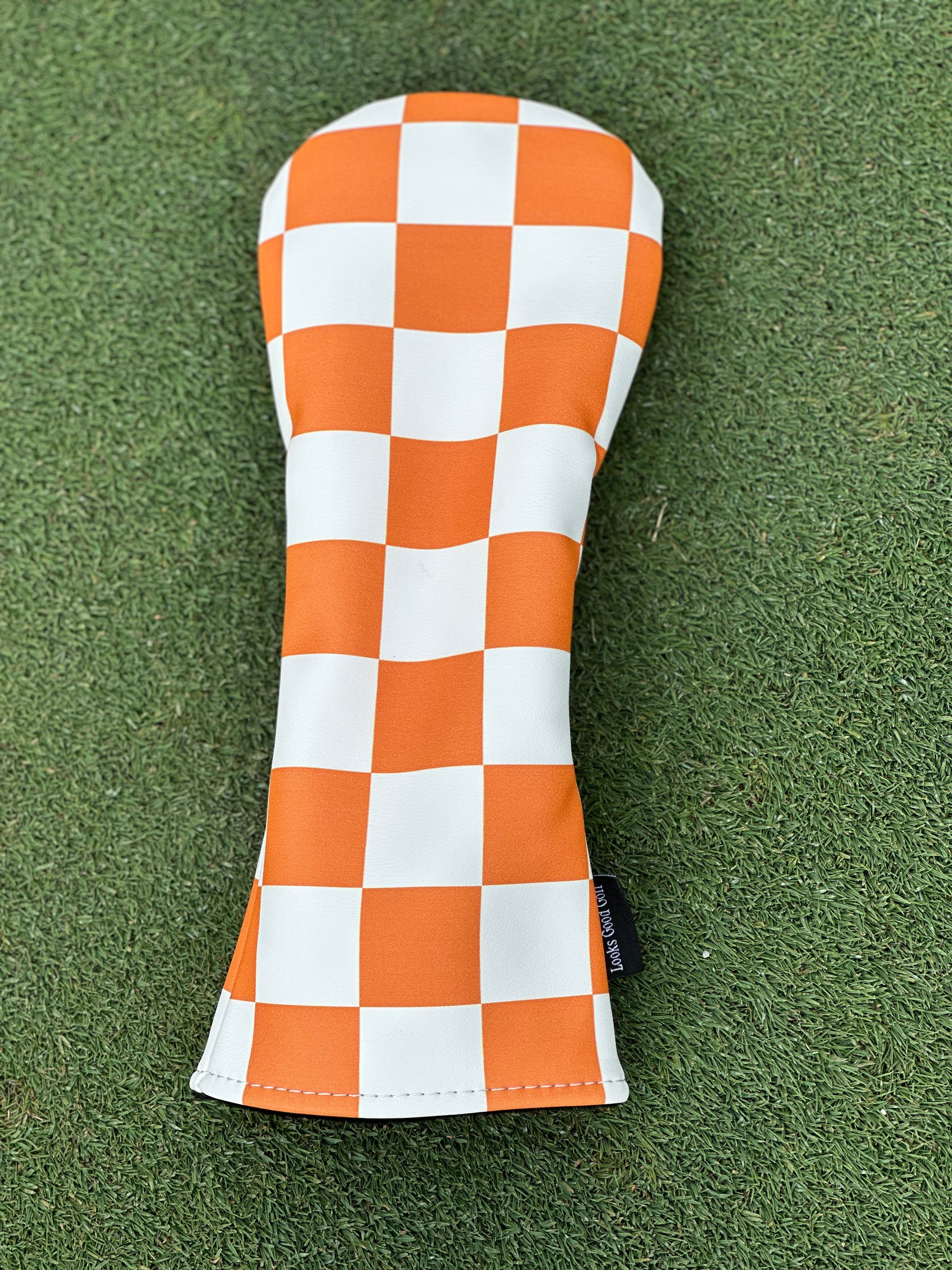 White and Orange Checkerboard Headcovers - Driver, Fairway Wood, Hybrid