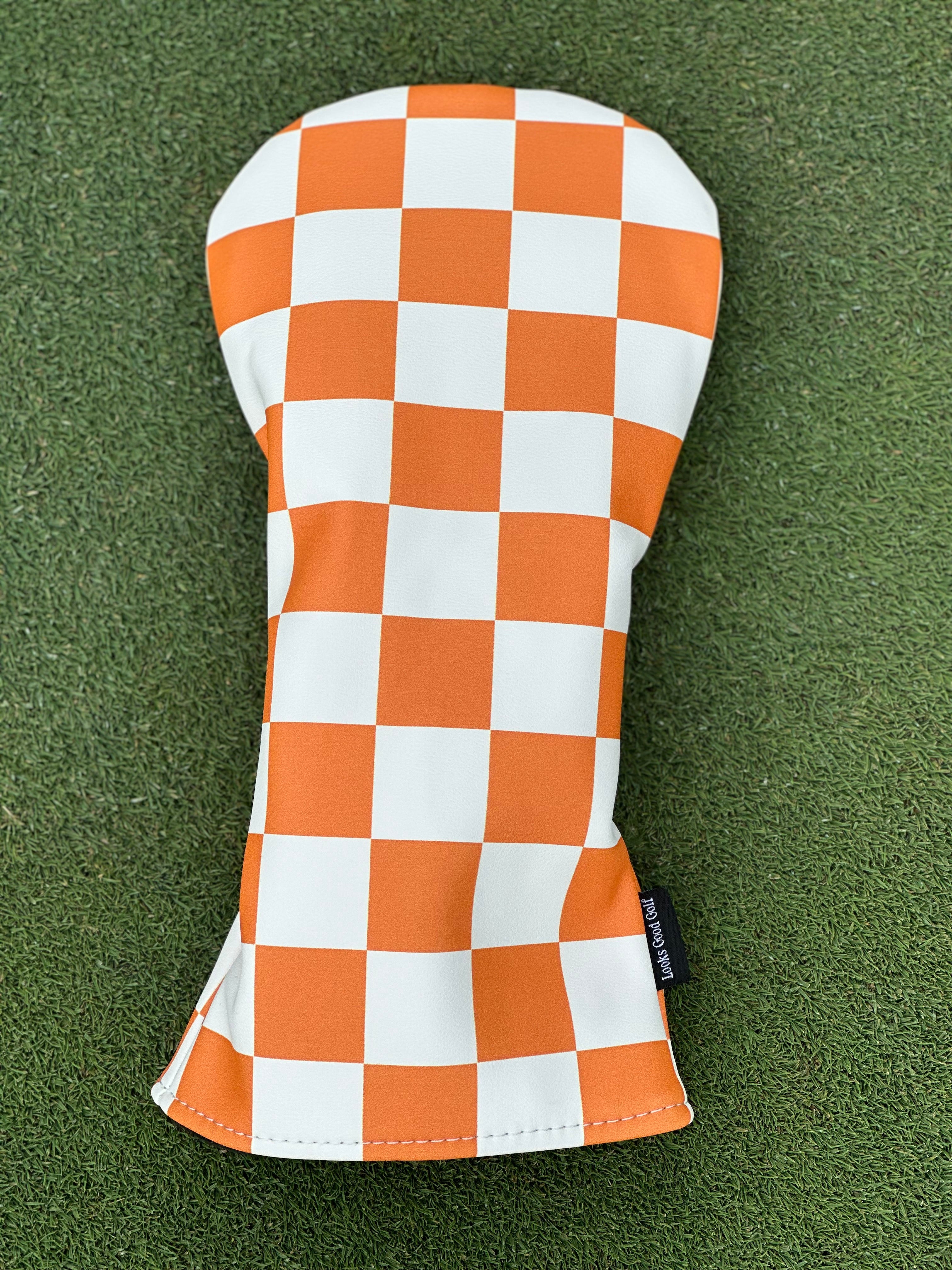 White and Orange Checkerboard Headcovers - Driver, Fairway Wood, Hybrid