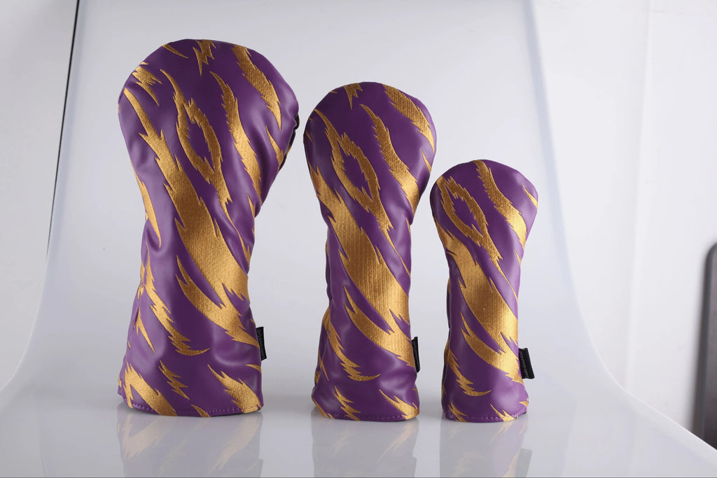 Purple and Gold Embroidered Tiger Stripe Headcovers - Driver, Fairway Wood, Hybrid