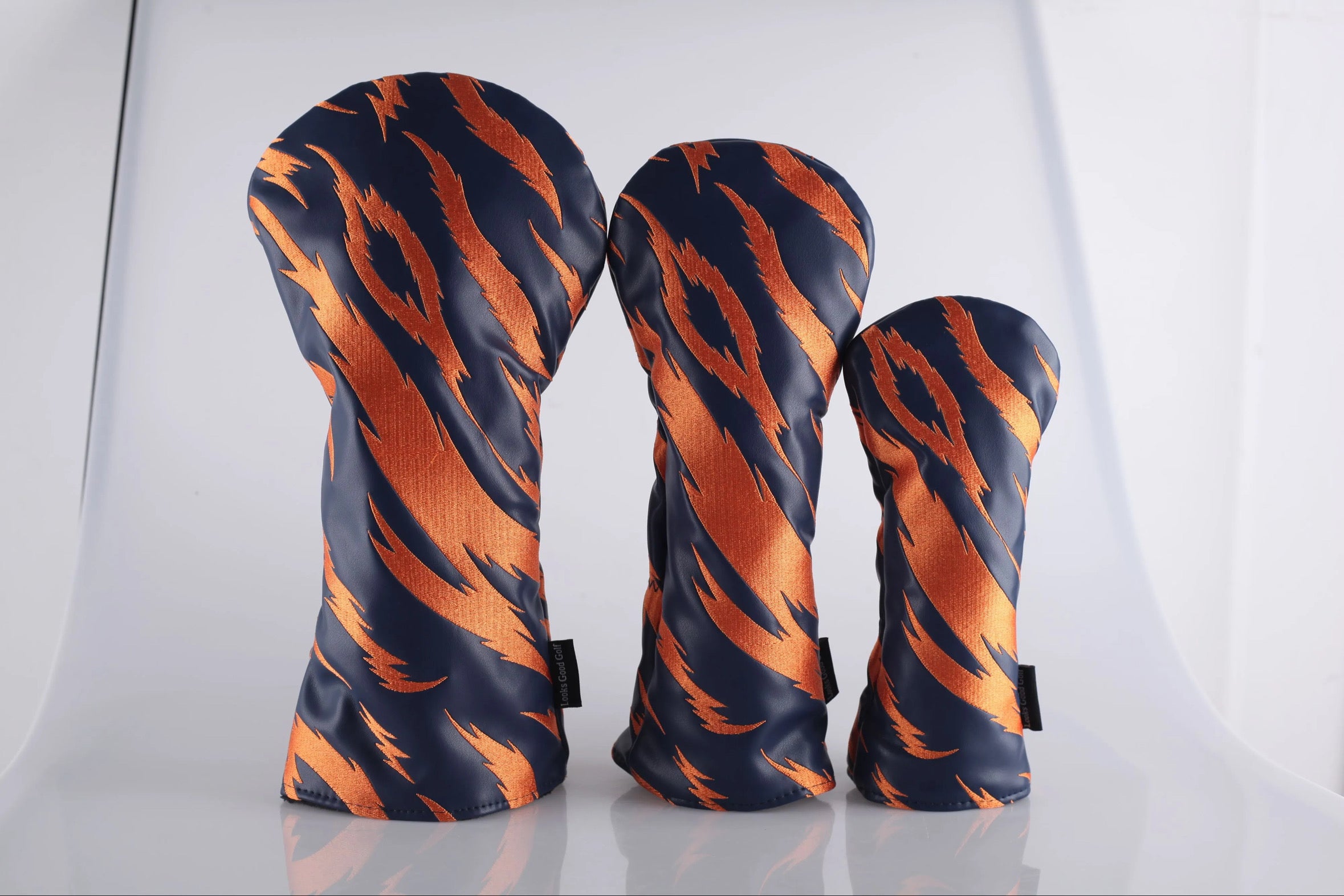 Navy and Orange Embroidered Tiger Stripe Headcovers - Driver, Fairway Wood, Hybrid