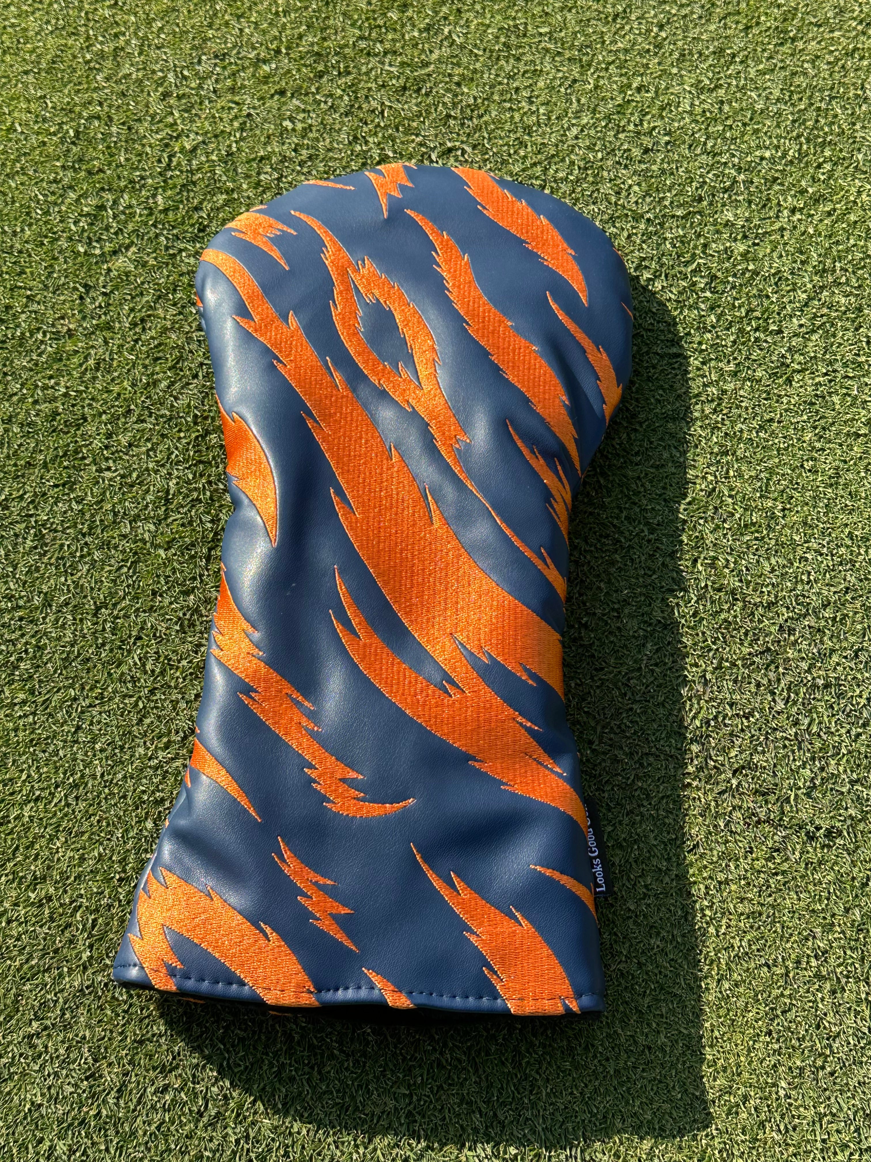 Navy and Orange Embroidered Tiger Stripe Headcovers - Driver, Fairway Wood, Hybrid