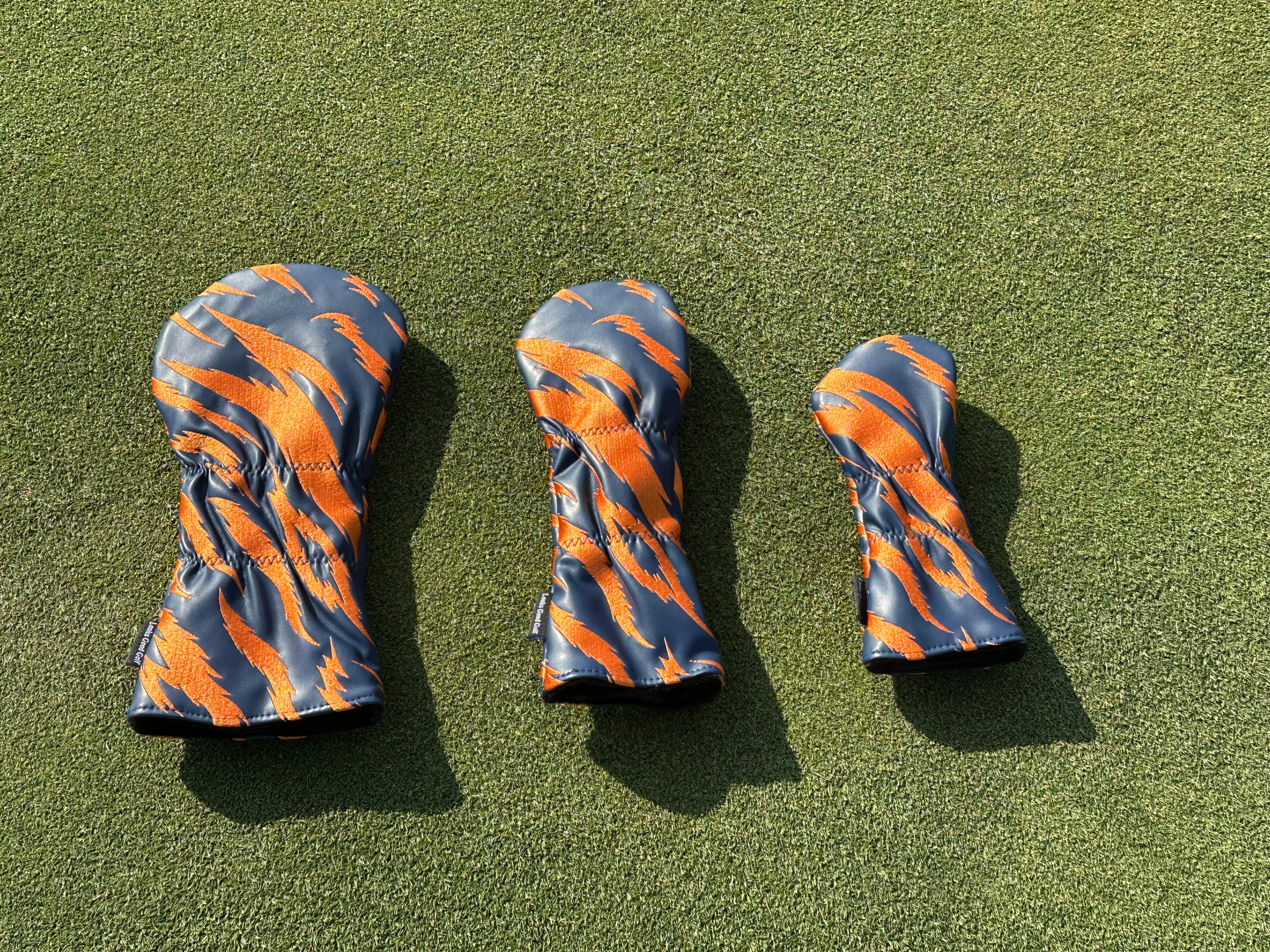 Navy and Orange Embroidered Tiger Stripe Headcovers - Driver, Fairway Wood, Hybrid